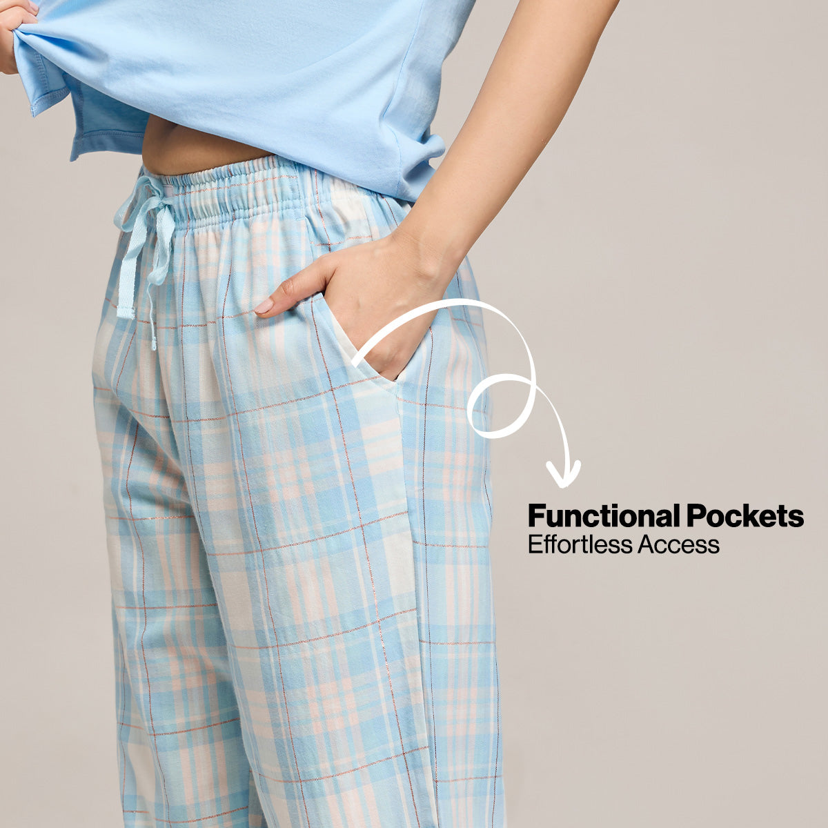 Nykd By Nykaa Essential Cotton Pyjama Coord Set With Crew Neck Cotton Knit Tee Nys943 Blue