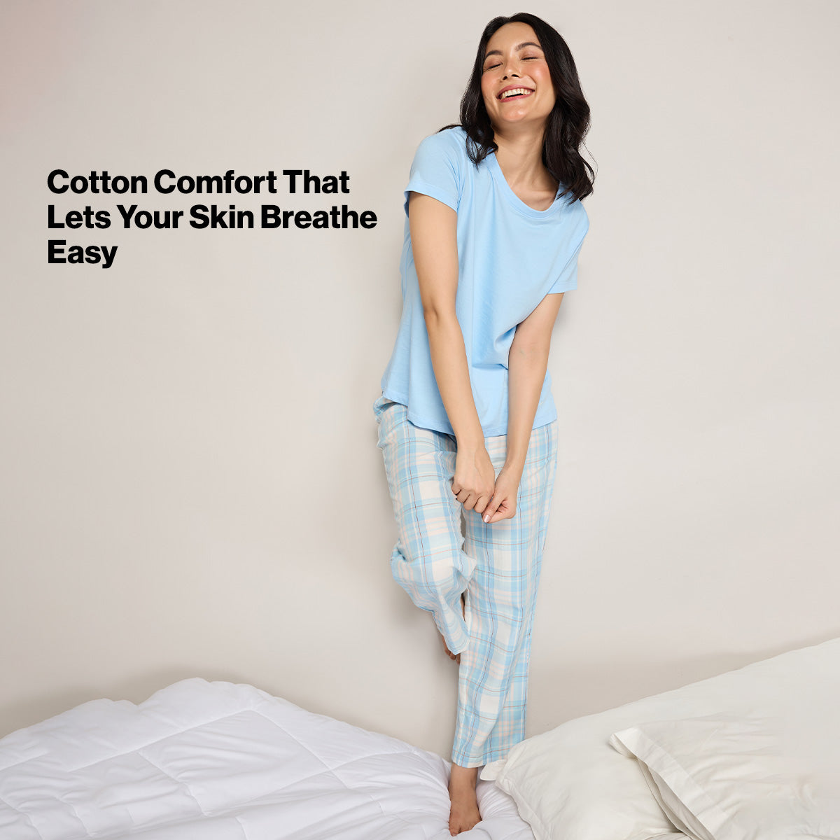 Nykd By Nykaa Essential Cotton Pyjama Coord Set With Crew Neck Cotton Knit Tee Nys943 Blue