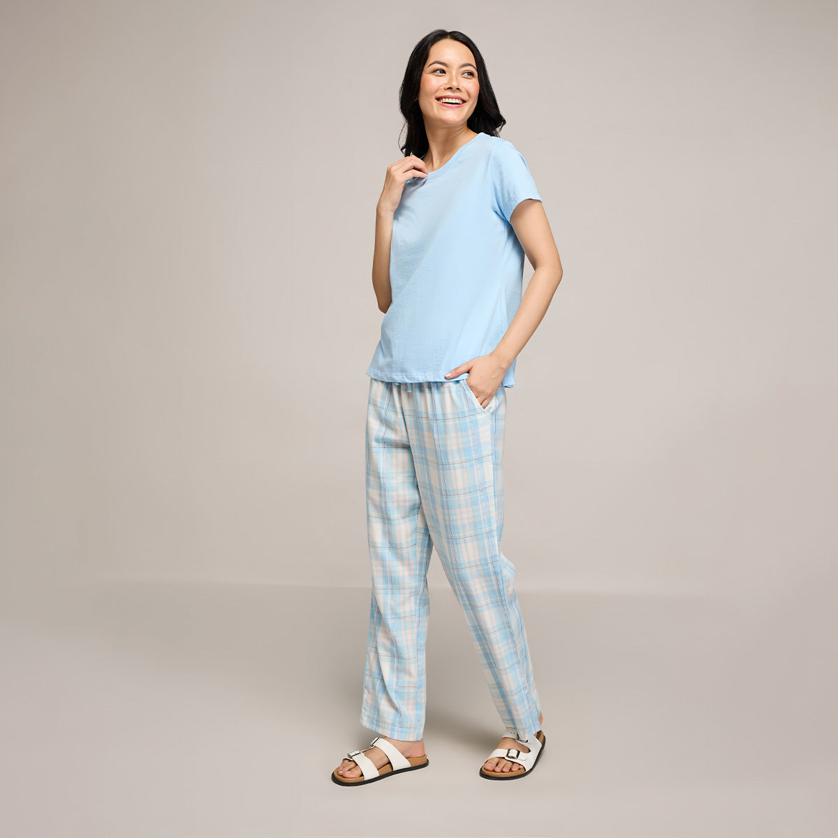 Nykd By Nykaa Essential Cotton Pyjama Coord Set With Crew Neck Cotton Knit Tee Nys943 Blue