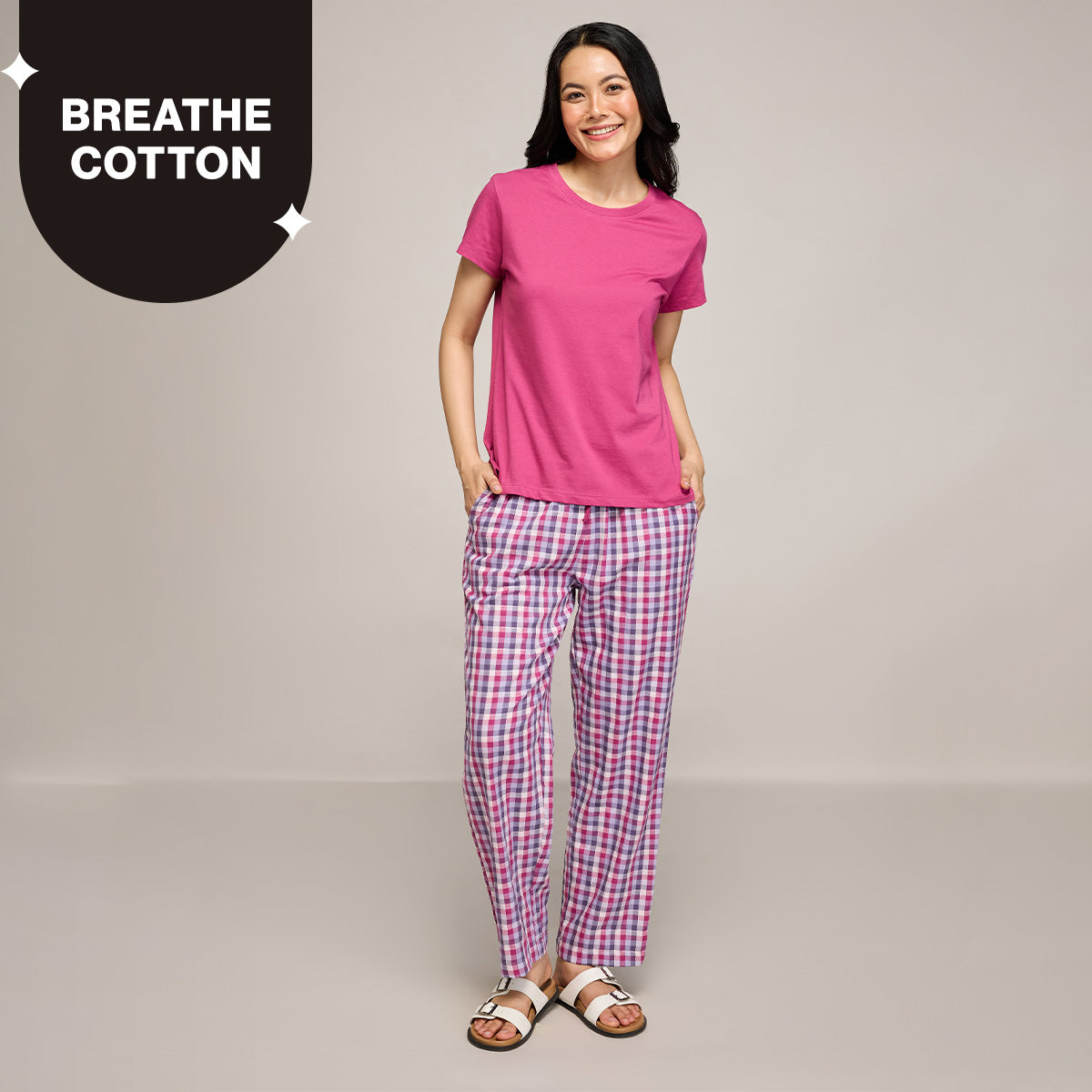 Nykd By Nykaa Essential Cotton Pyjama Coord Set With Crew Neck Cotton Knit Tee Nys943 Grape
