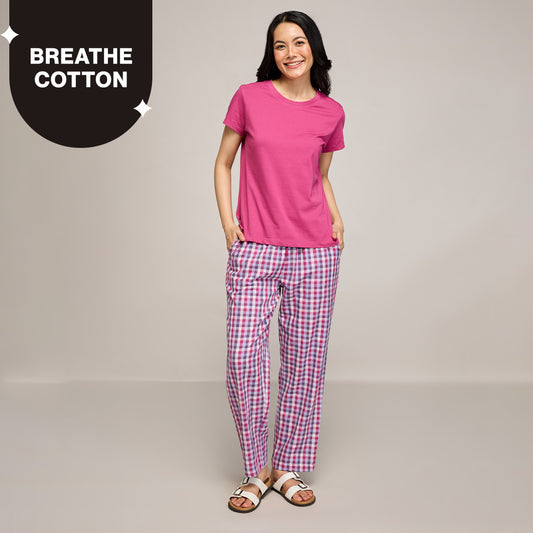 Nykd By Nykaa Essential Cotton Pyjama Coord Set With Crew Neck Cotton Knit Tee Nys943 Grape