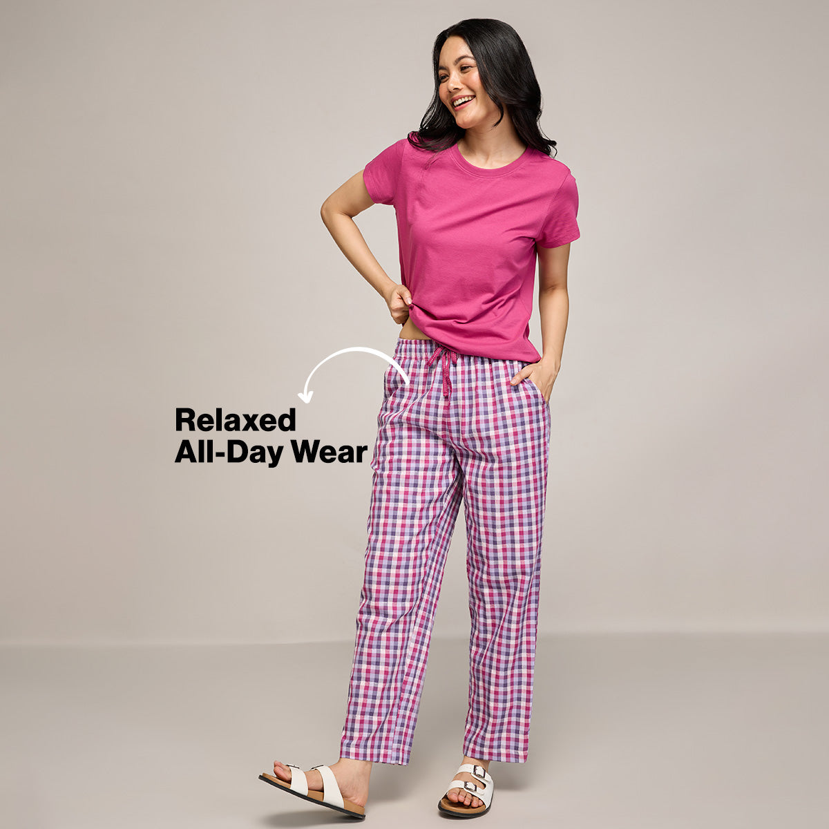 Nykd By Nykaa Essential Cotton Pyjama Coord Set With Crew Neck Cotton Knit Tee Nys943 Grape