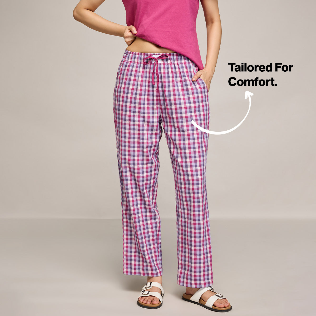 Nykd By Nykaa Essential Cotton Pyjama Coord Set With Crew Neck Cotton Knit Tee Nys943 Grape