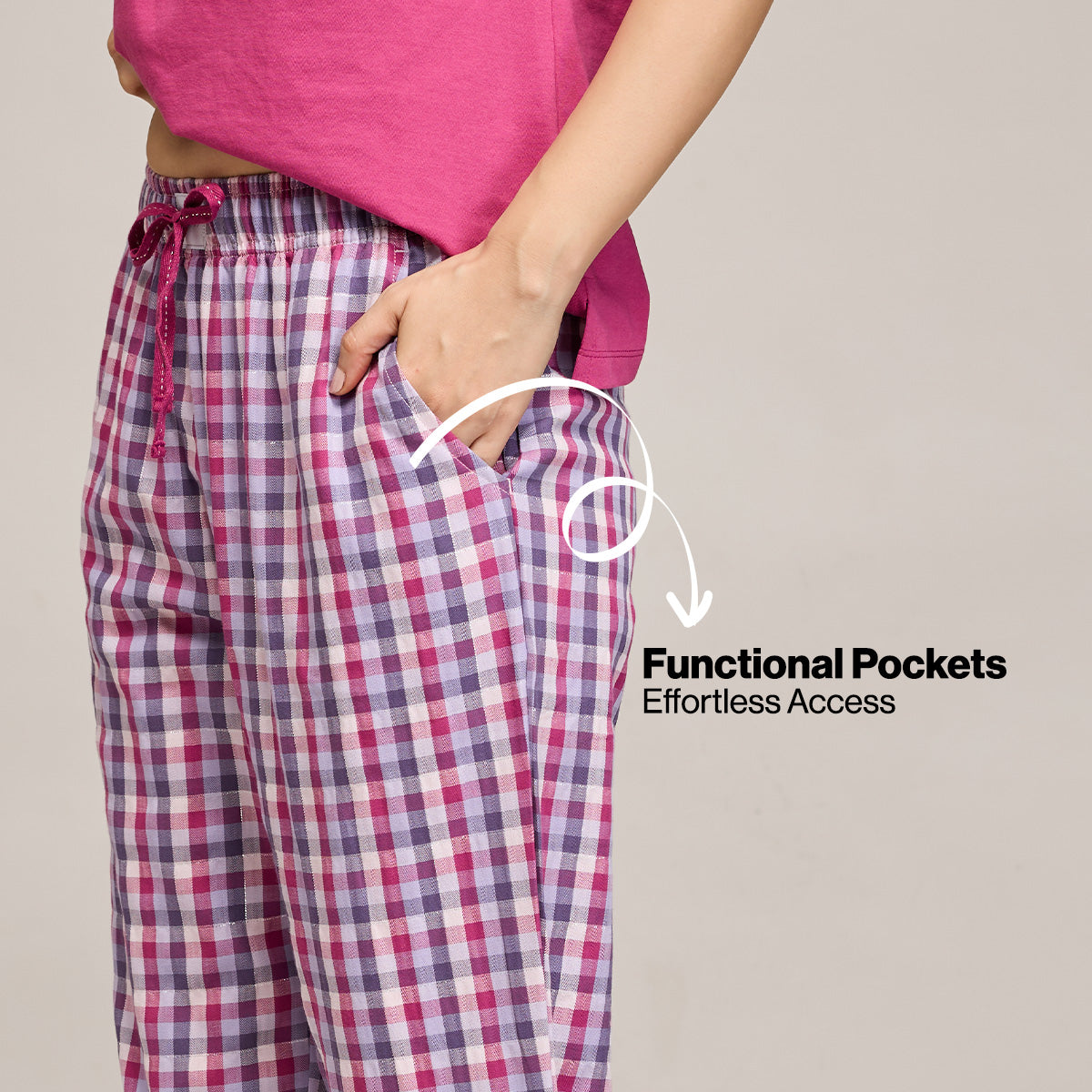 Nykd By Nykaa Essential Cotton Pyjama Coord Set With Crew Neck Cotton Knit Tee Nys943 Grape