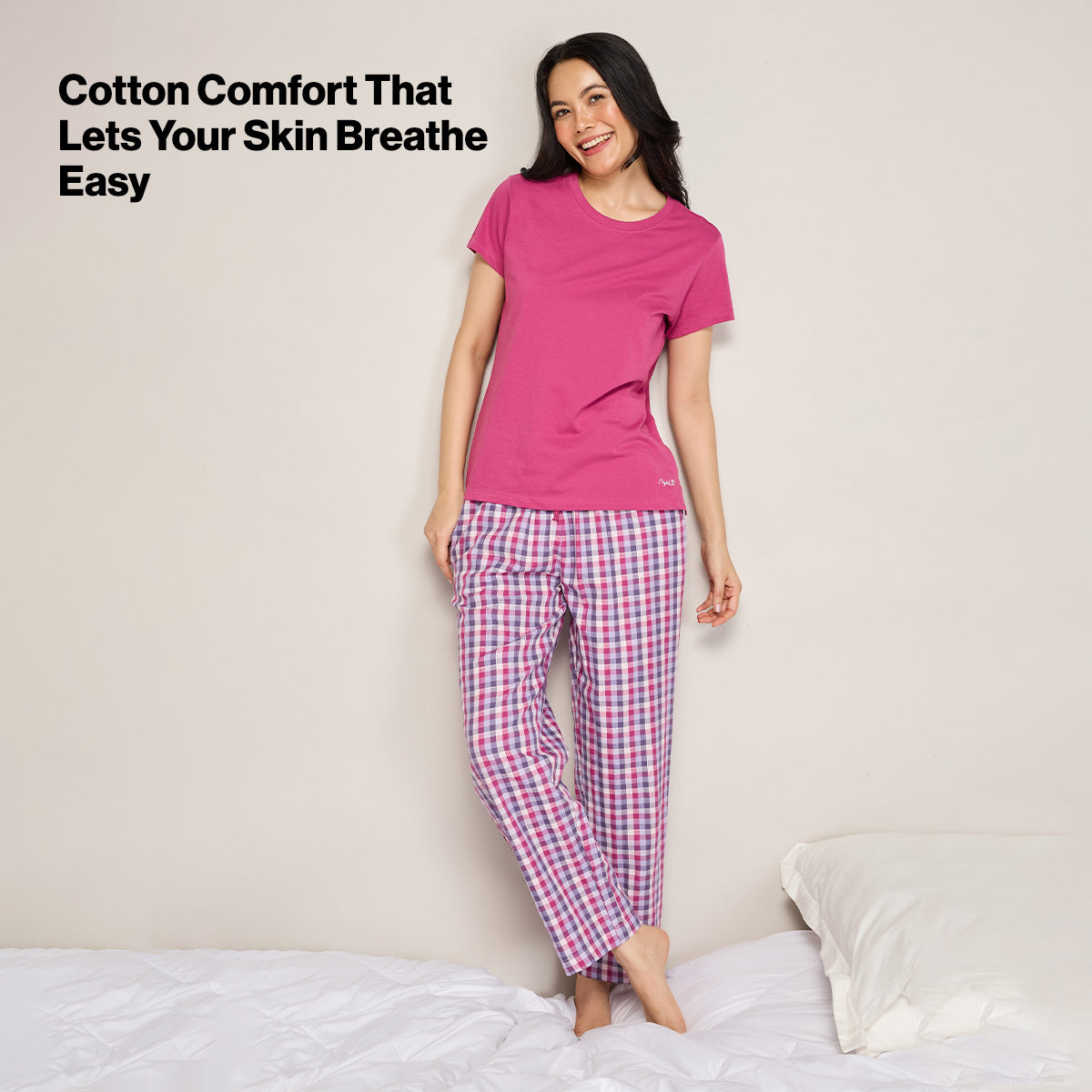 Nykd By Nykaa Essential Cotton Pyjama Coord Set With Crew Neck Cotton Knit Tee Nys943 Grape