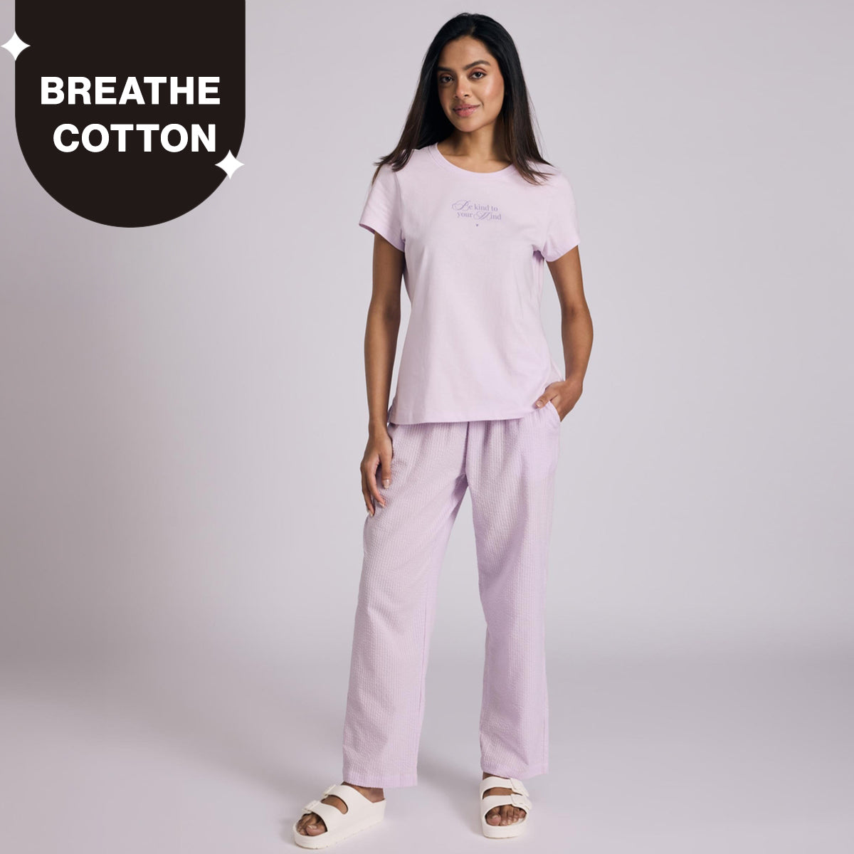 Nykd by Nykaa Essential Cotton Pyjama Coord Set With Crew Neck Cotton Knit Tee Nys943 Lavender Seer