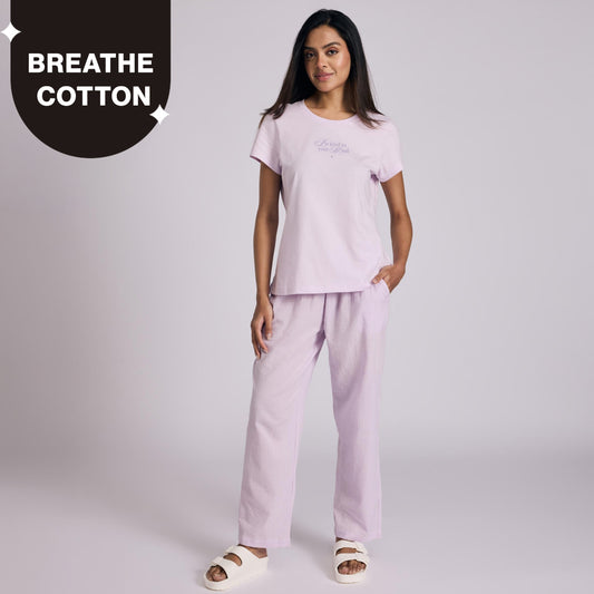 Nykd by Nykaa Essential Cotton Pyjama Coord Set With Crew Neck Cotton Knit Tee Nys943 Lavender Seer