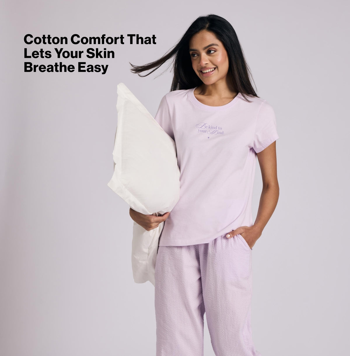 Nykd by Nykaa Essential Cotton Pyjama Coord Set With Crew Neck Cotton Knit Tee Nys943 Lavender Seer