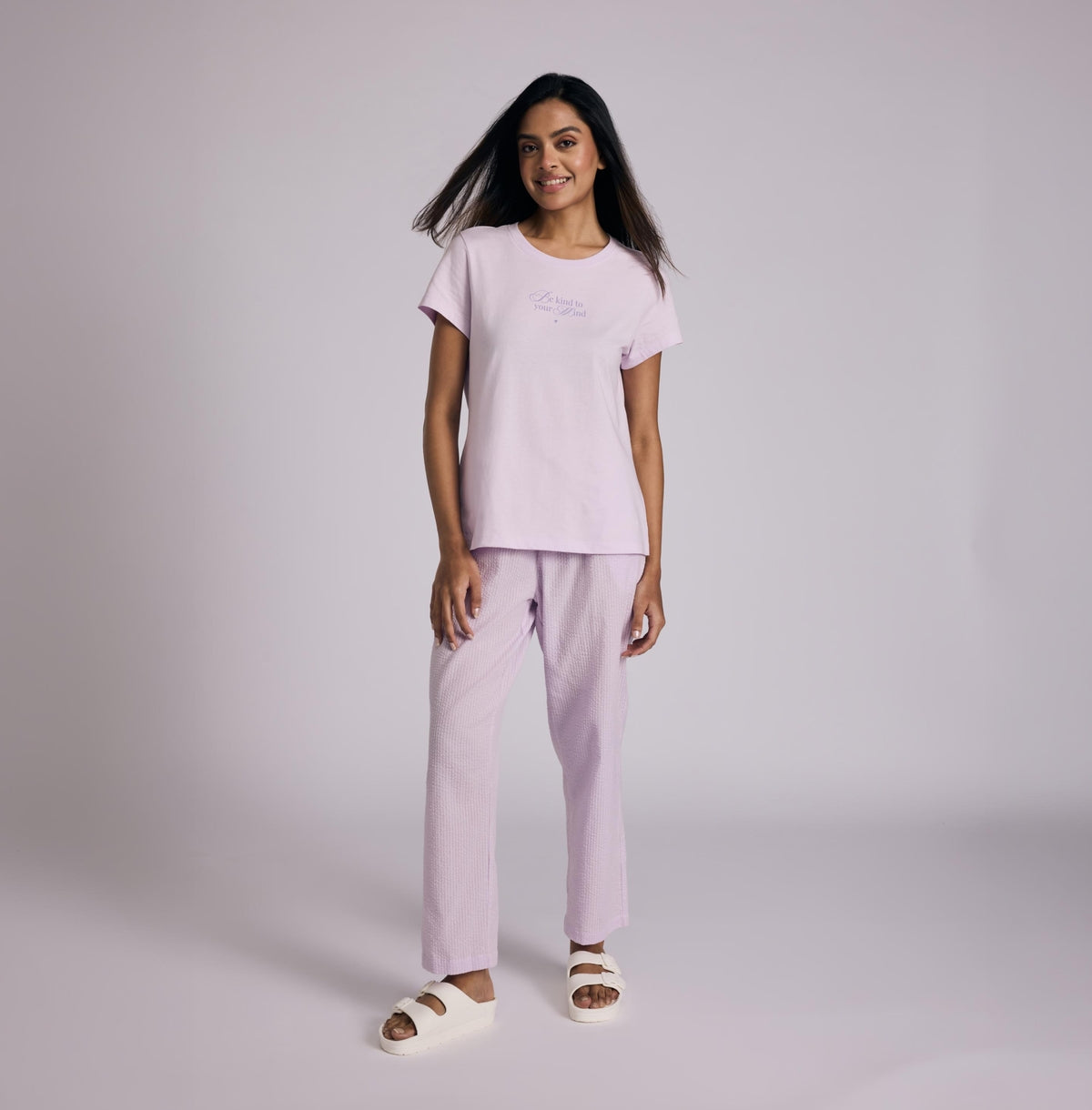 Nykd by Nykaa Essential Cotton Pyjama Coord Set With Crew Neck Cotton Knit Tee Nys943 Lavender Seer