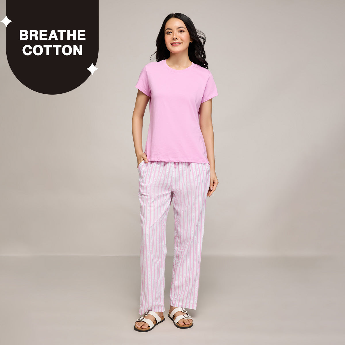 Nykd By Nykaa Essential Cotton Pyjama Coord Set With Crew Neck Cotton Knit Tee Nys943 Pink