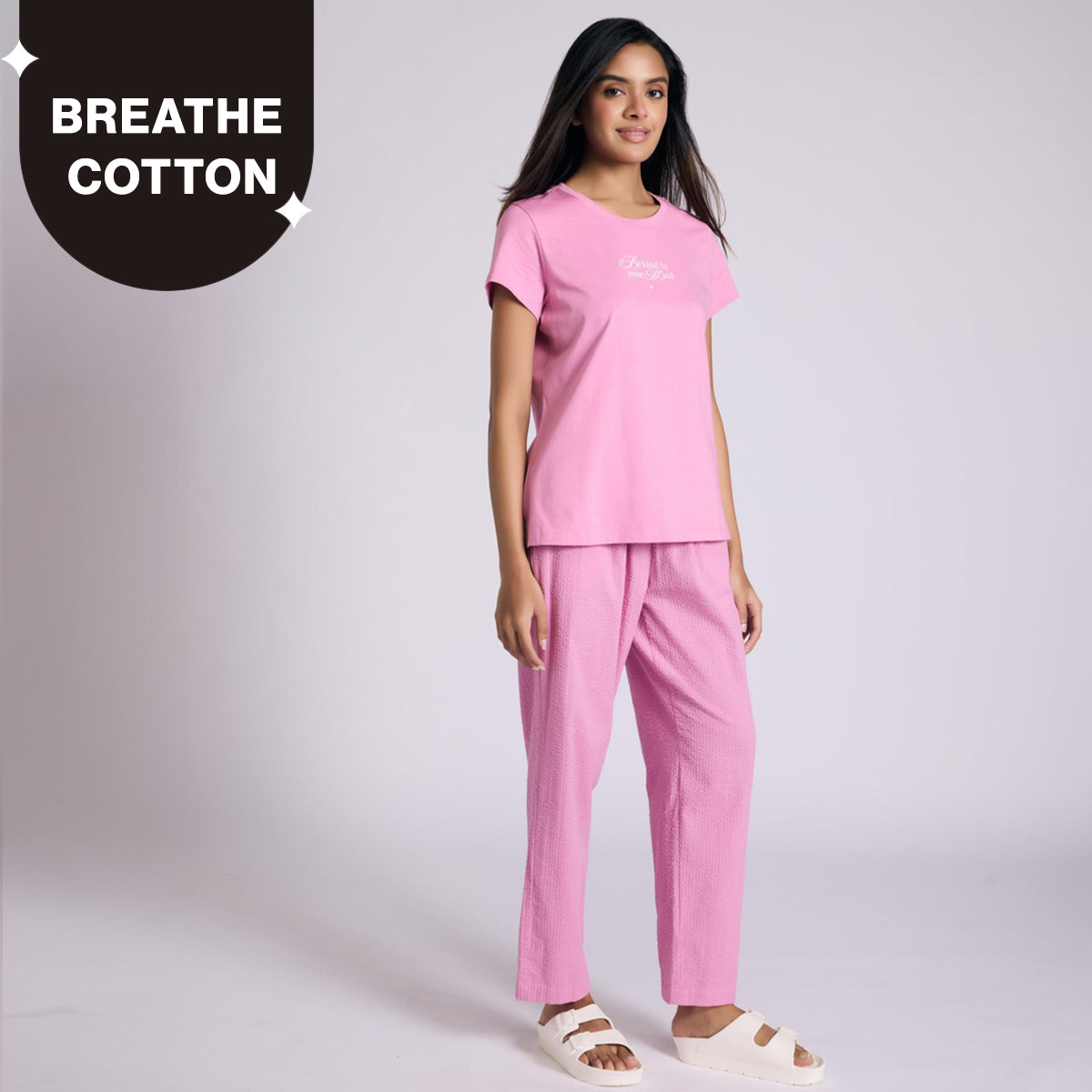 Nykd by Nykaa Essential Cotton Pyjama Coord Set With Crew Neck Cotton Knit Tee Nys943 Pink Seer
