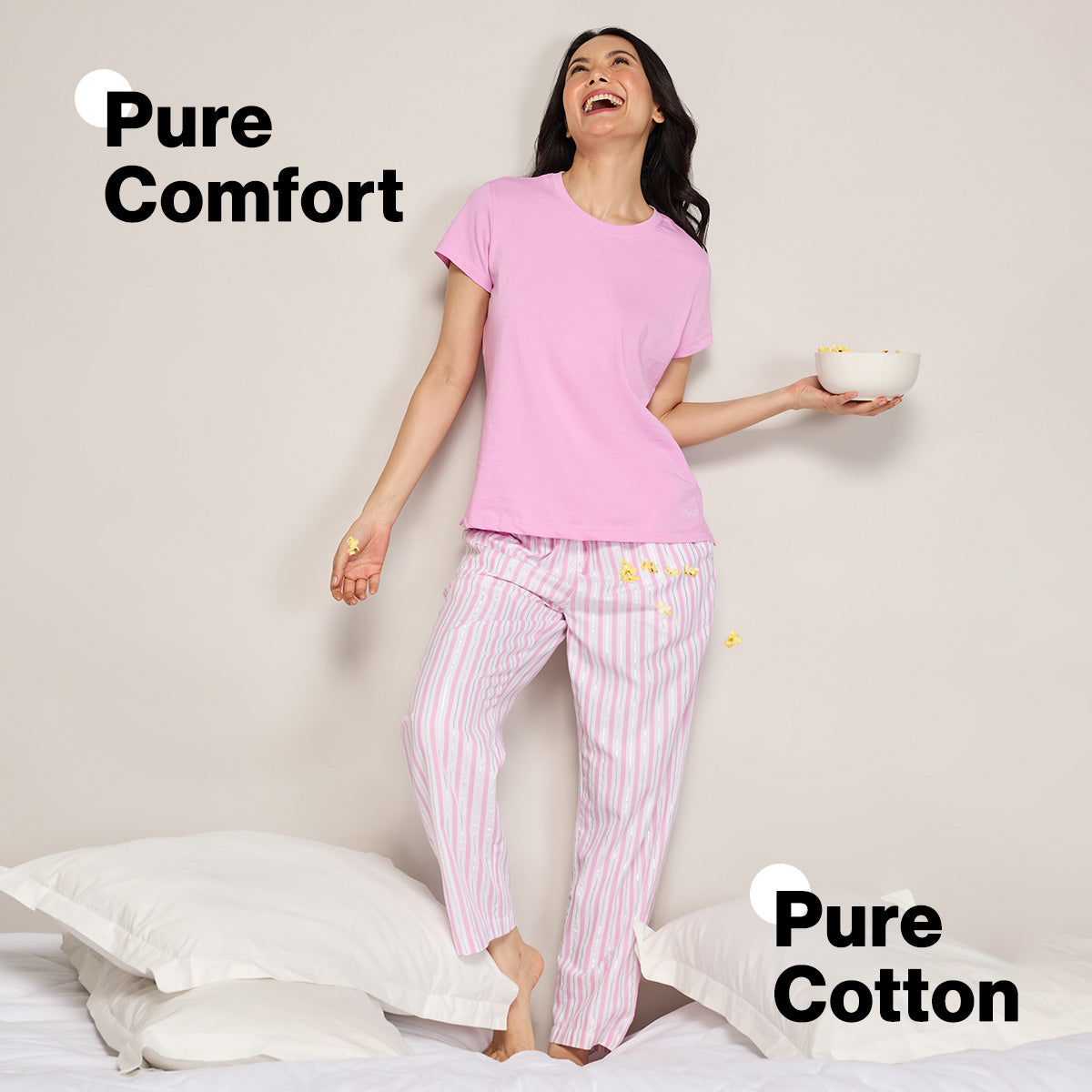 Nykd By Nykaa Essential Cotton Pyjama Coord Set With Crew Neck Cotton Knit Tee Nys943 Pink