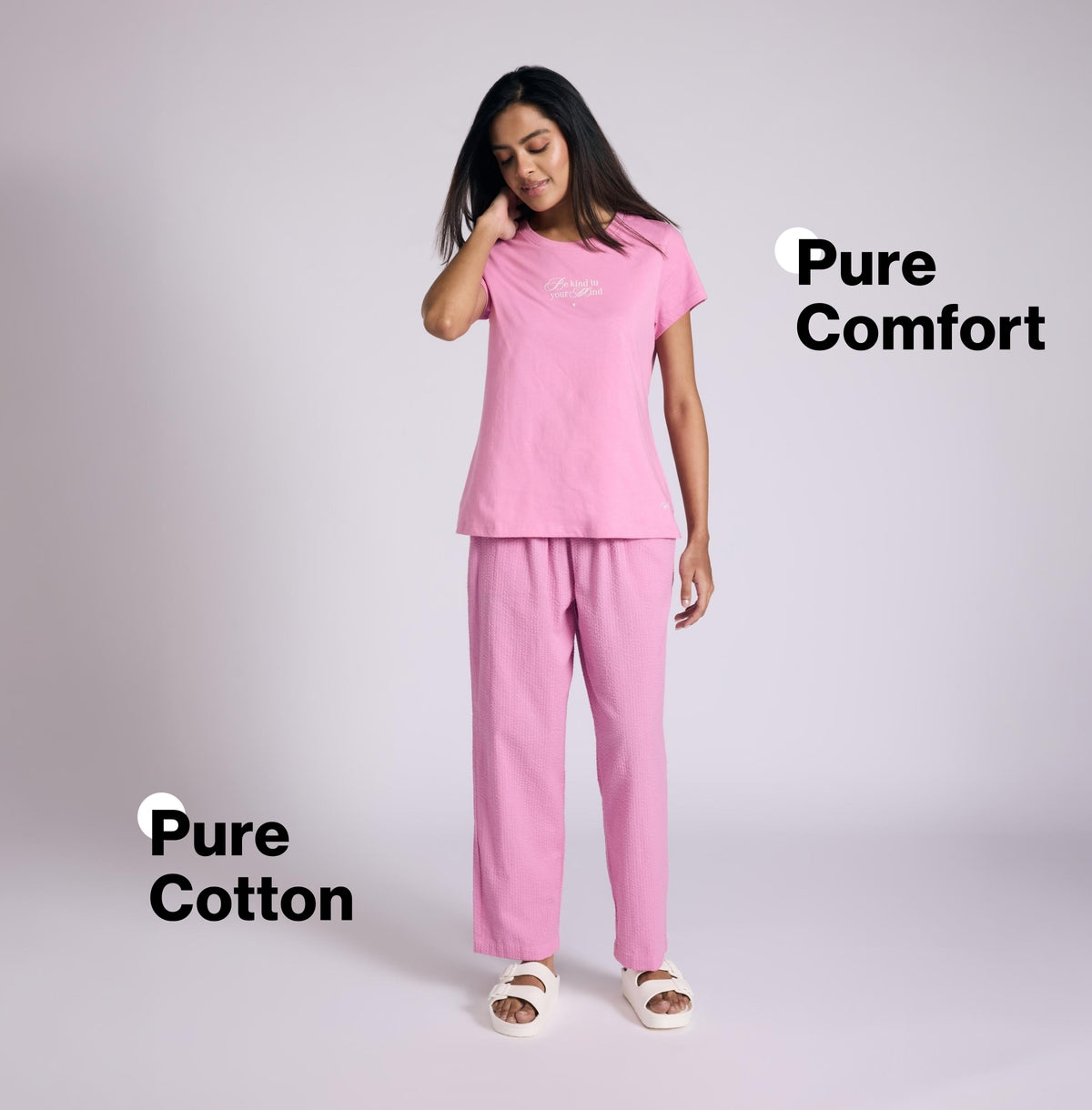 Nykd by Nykaa Essential Cotton Pyjama Coord Set With Crew Neck Cotton Knit Tee Nys943 Pink Seer