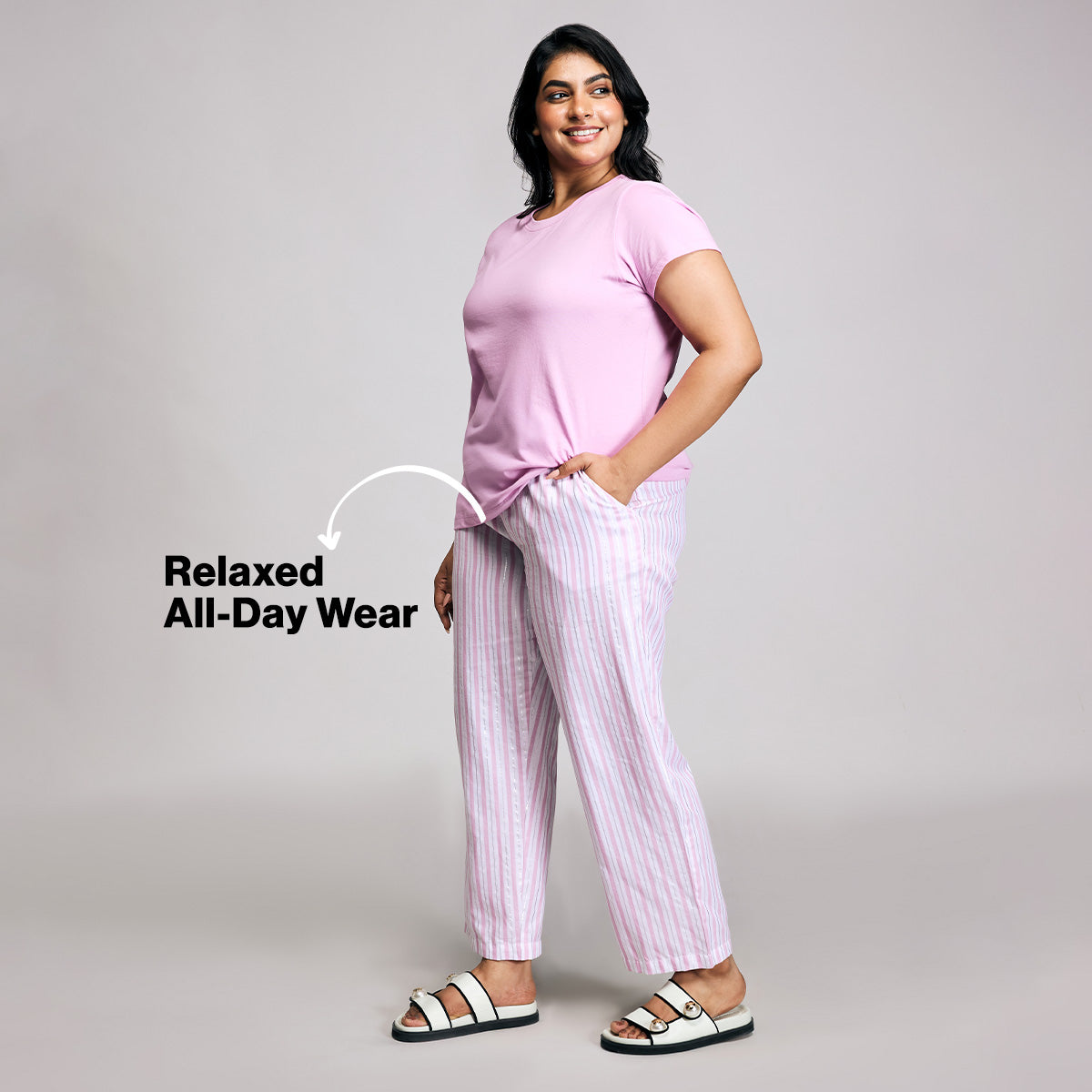 Nykd By Nykaa Essential Cotton Pyjama Coord Set With Crew Neck Cotton Knit Tee Nys943 Pink