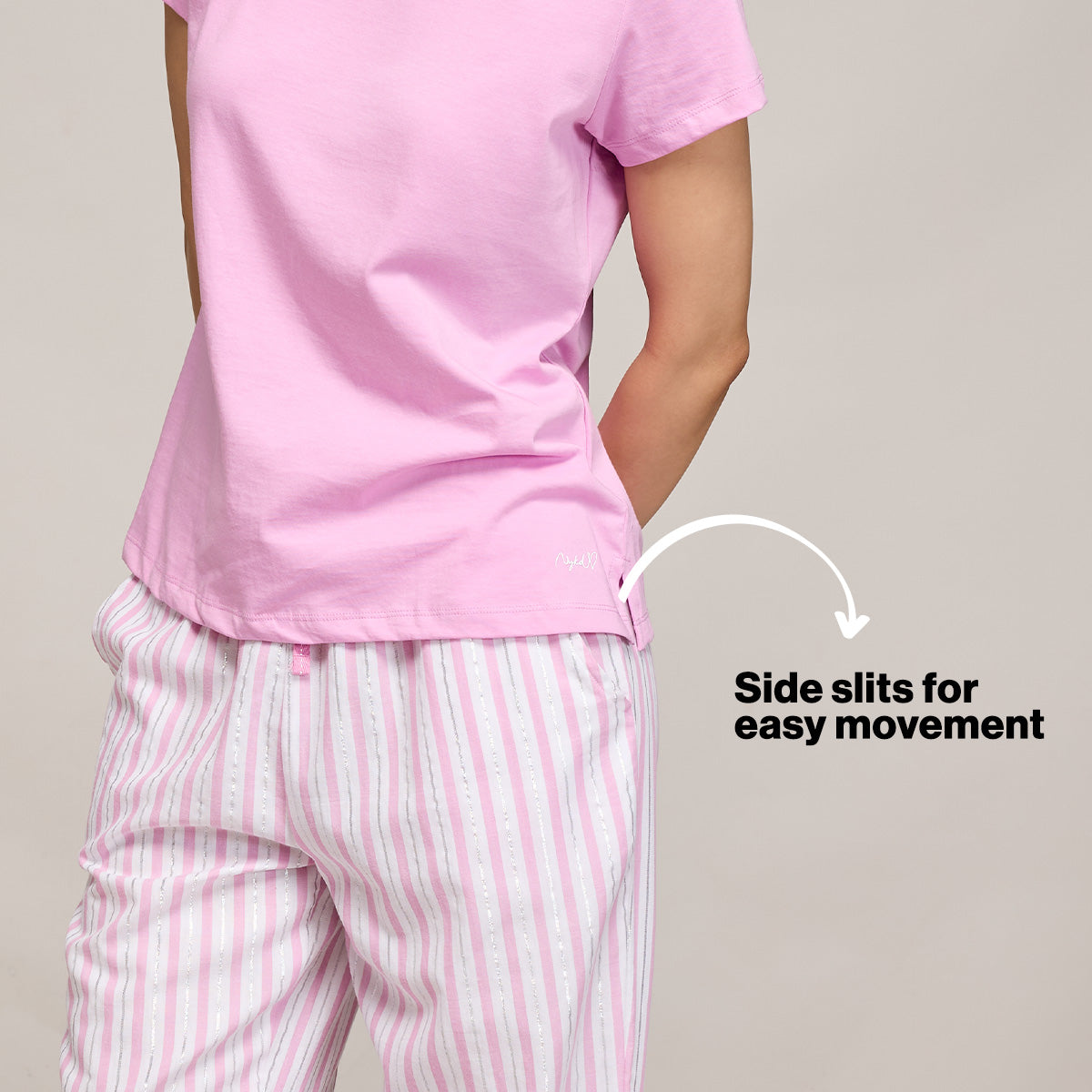 Nykd By Nykaa Essential Cotton Pyjama Coord Set With Crew Neck Cotton Knit Tee Nys943 Pink