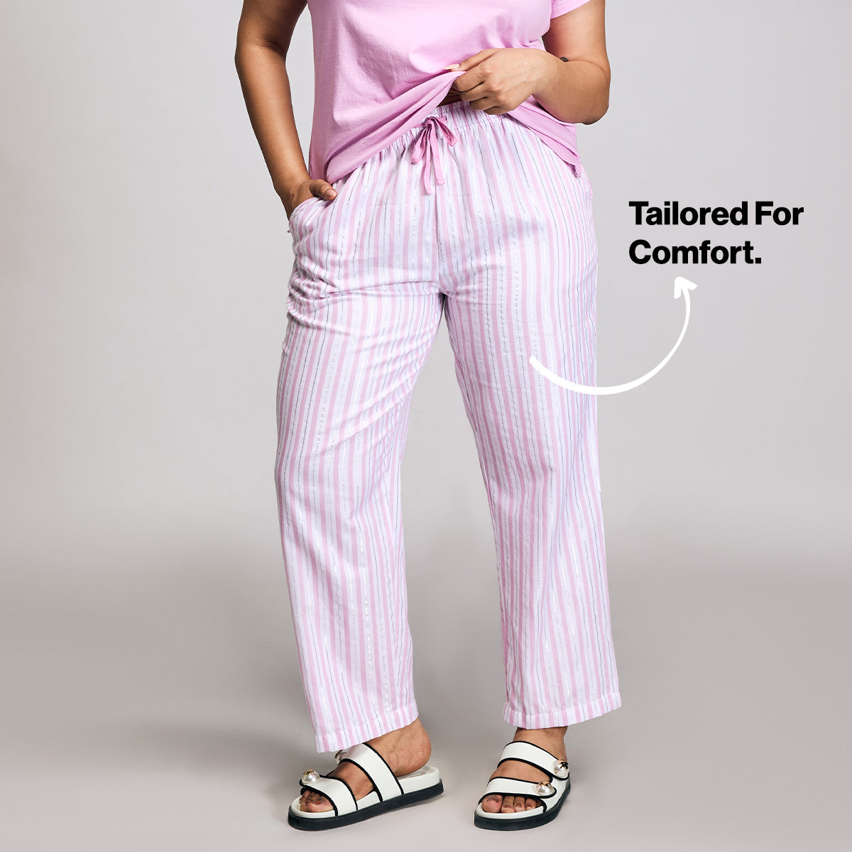 Nykd By Nykaa Essential Cotton Pyjama Coord Set With Crew Neck Cotton Knit Tee Nys943 Pink