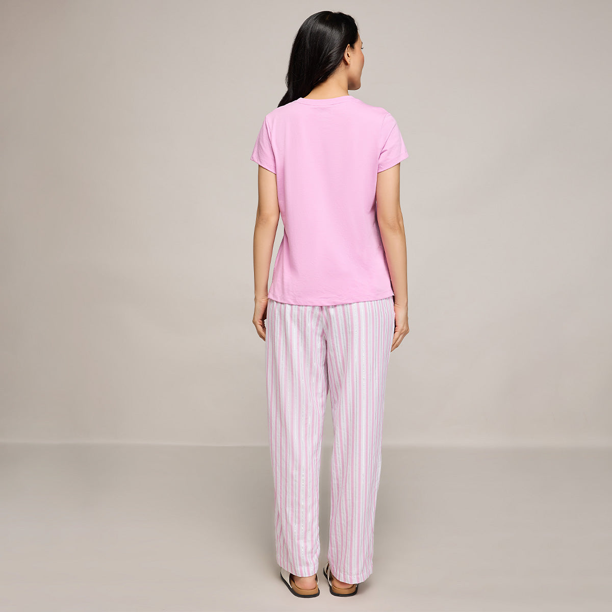 Nykd By Nykaa Essential Cotton Pyjama Coord Set With Crew Neck Cotton Knit Tee Nys943 Pink