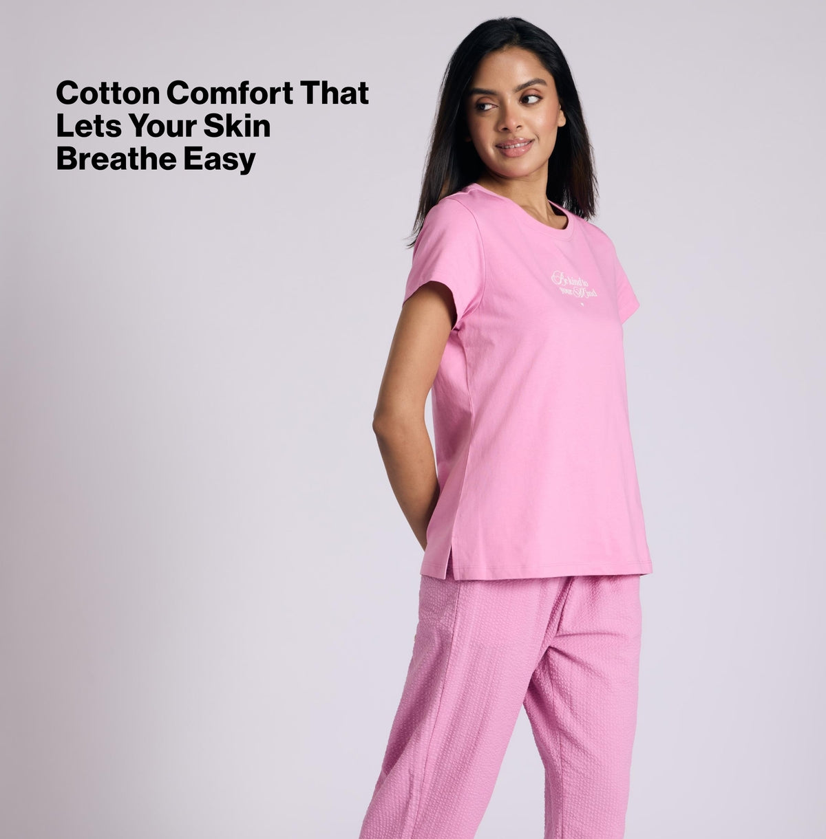 Nykd by Nykaa Essential Cotton Pyjama Coord Set With Crew Neck Cotton Knit Tee Nys943 Pink Seer