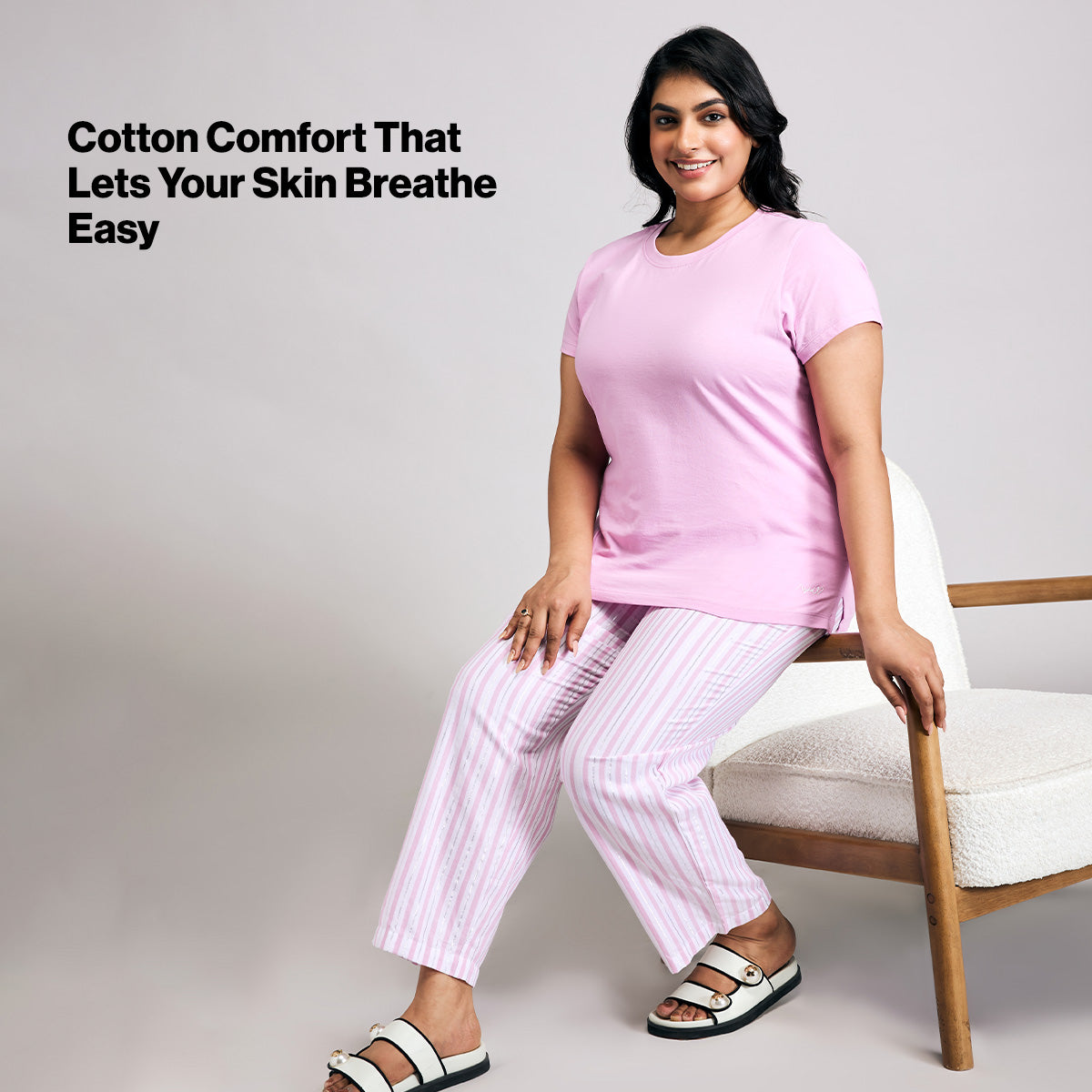 Nykd By Nykaa Essential Cotton Pyjama Coord Set With Crew Neck Cotton Knit Tee Nys943 Pink