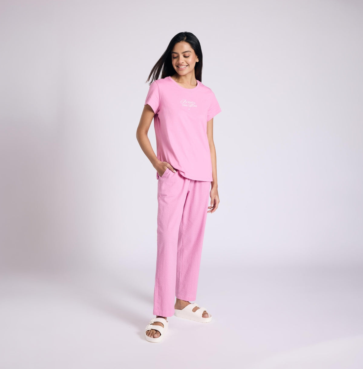 Nykd by Nykaa Essential Cotton Pyjama Coord Set With Crew Neck Cotton Knit Tee Nys943 Pink Seer