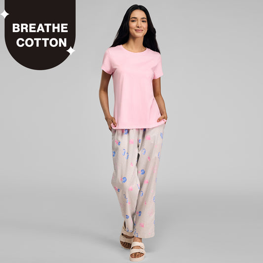 Nykd by Nykaa Essential Cotton Pyjama Coord Set With Crew Neck Cotton Knit Tee Nys943 Pink Coastal