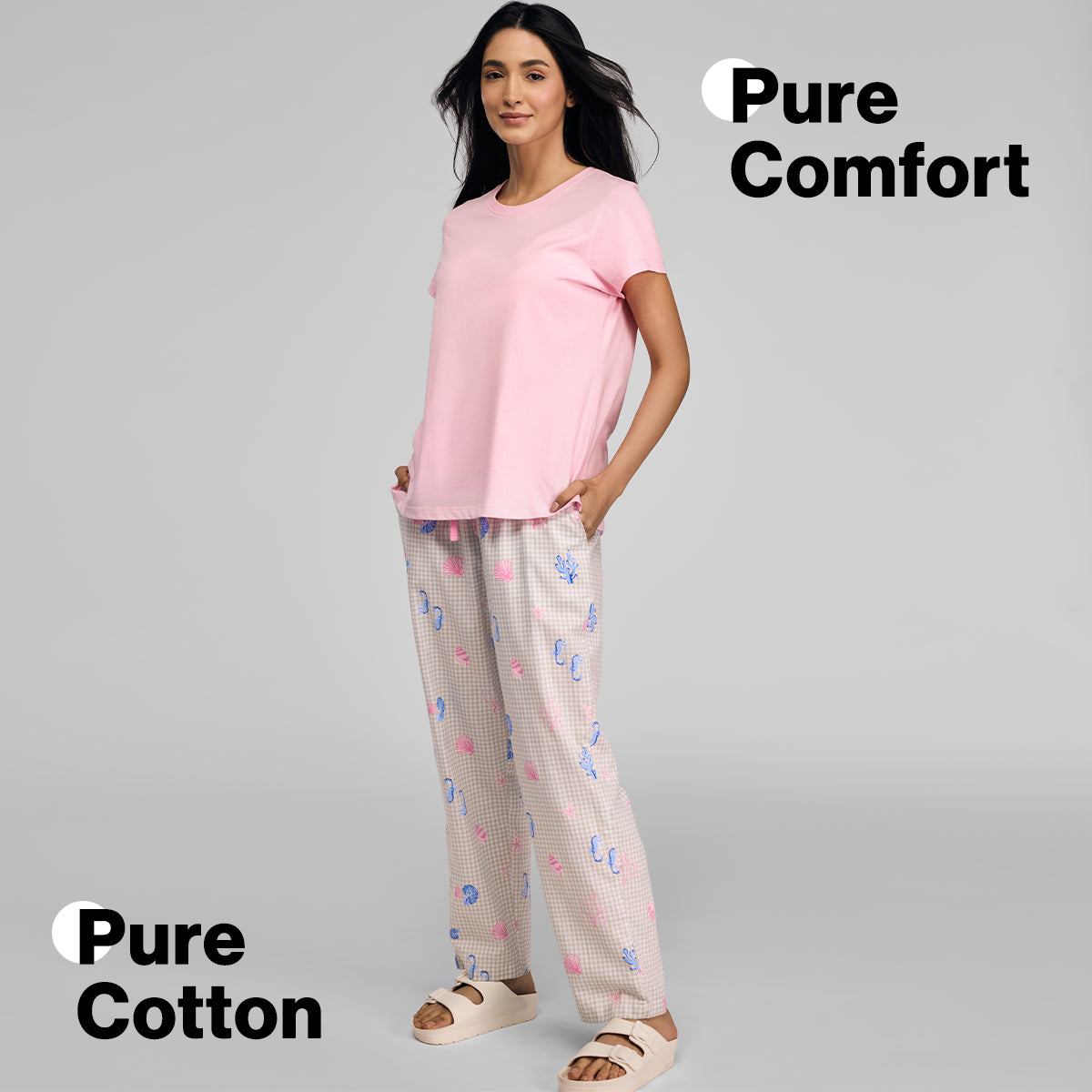 Nykd by Nykaa Essential Cotton Pyjama Coord Set With Crew Neck Cotton Knit Tee Nys943 Pink Coastal