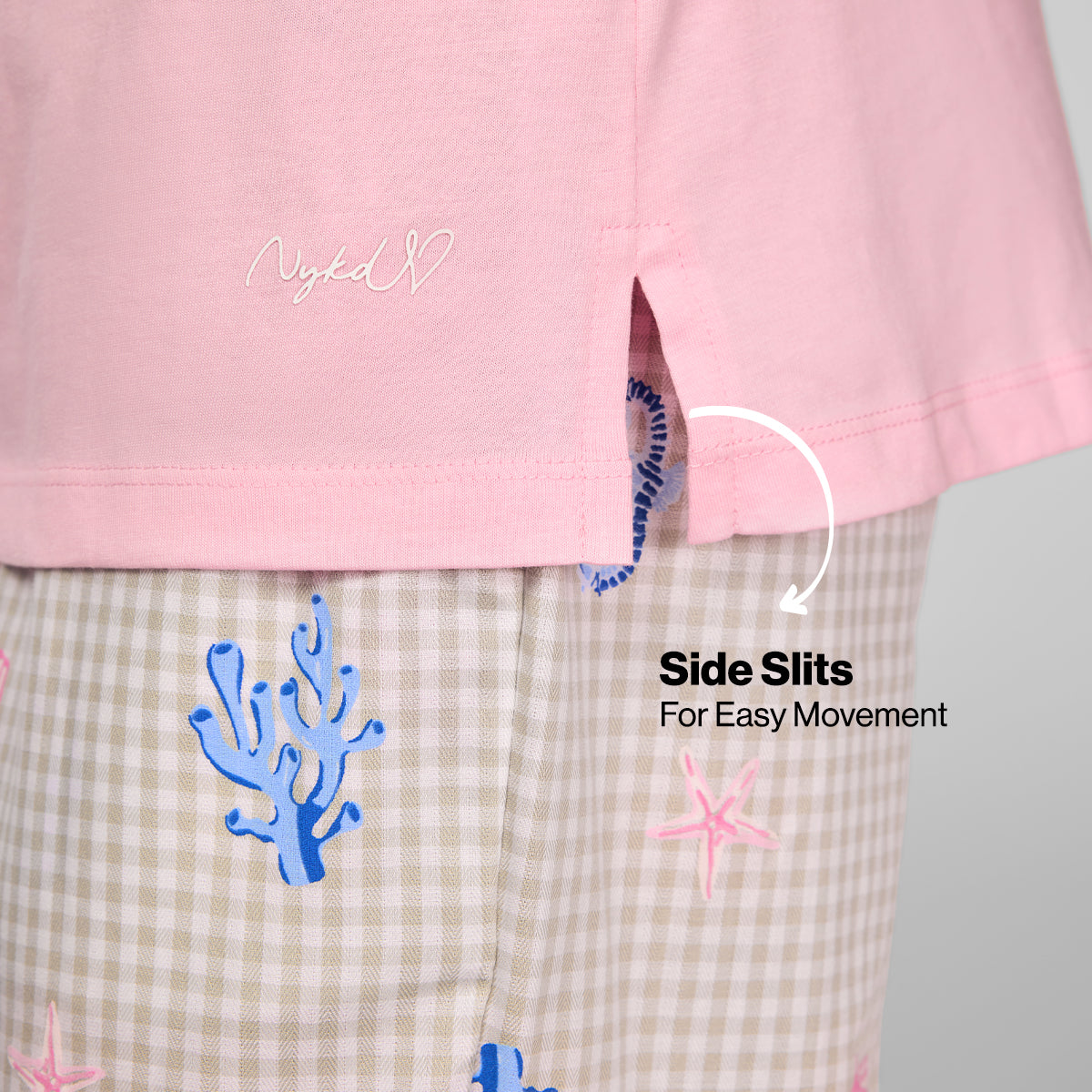 Nykd by Nykaa Essential Cotton Pyjama Coord Set With Crew Neck Cotton Knit Tee Nys943 Pink Coastal