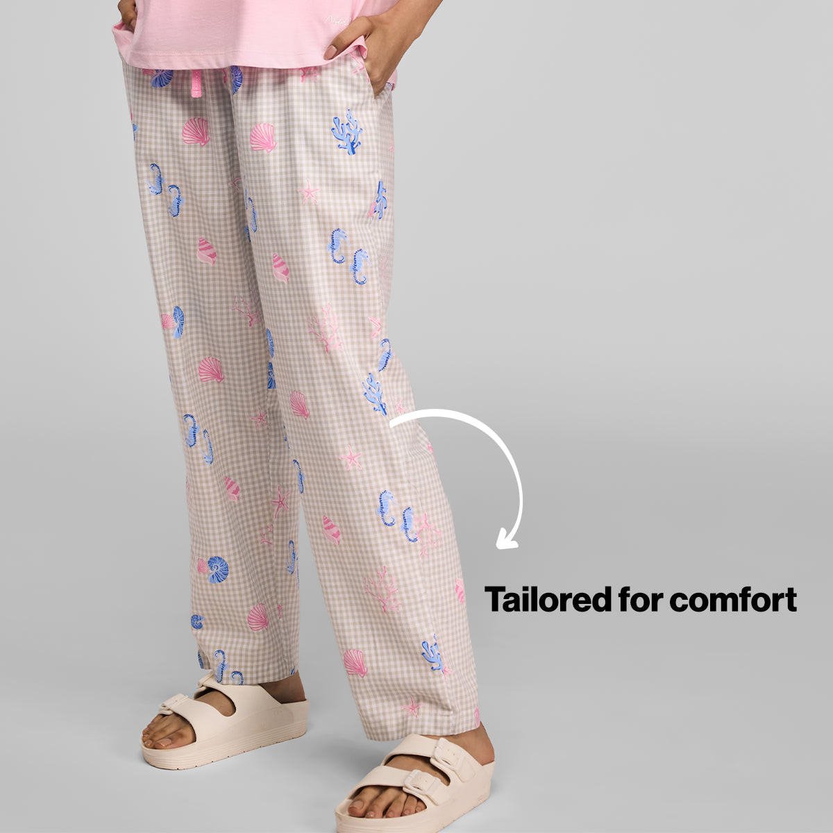 Nykd by Nykaa Essential Cotton Pyjama Coord Set With Crew Neck Cotton Knit Tee Nys943 Pink Coastal