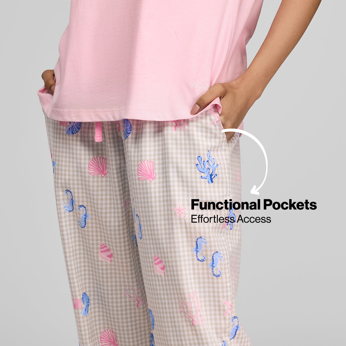 Nykd by Nykaa Essential Cotton Pyjama Coord Set With Crew Neck Cotton Knit Tee Nys943 Pink Coastal