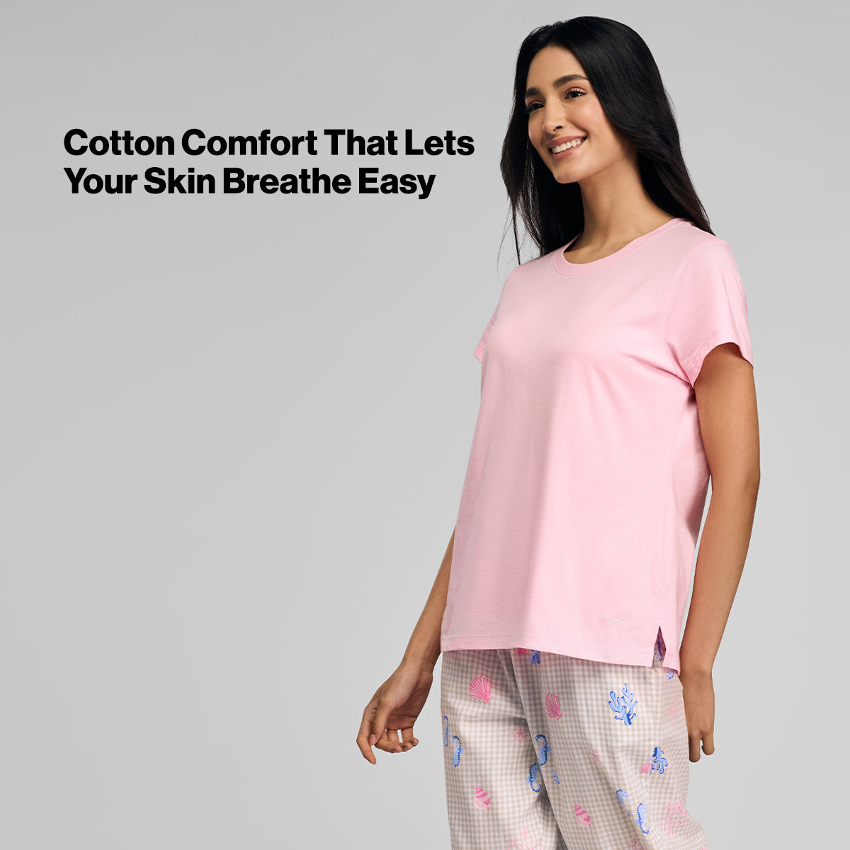 Nykd by Nykaa Essential Cotton Pyjama Coord Set With Crew Neck Cotton Knit Tee Nys943 Pink Coastal