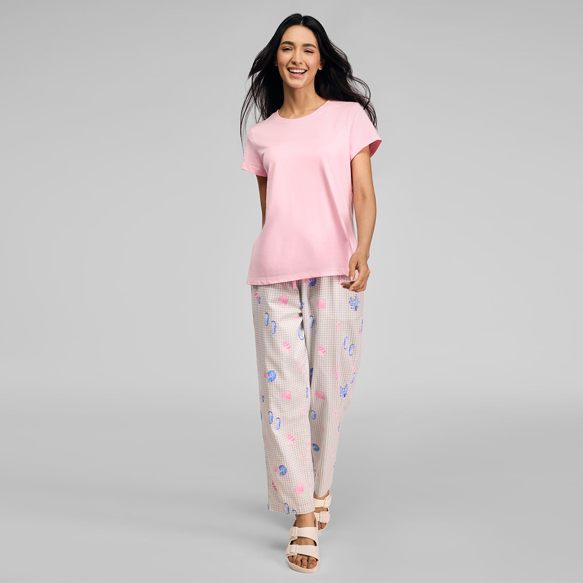 Nykd by Nykaa Essential Cotton Pyjama Coord Set With Crew Neck Cotton Knit Tee Nys943 Pink Coastal