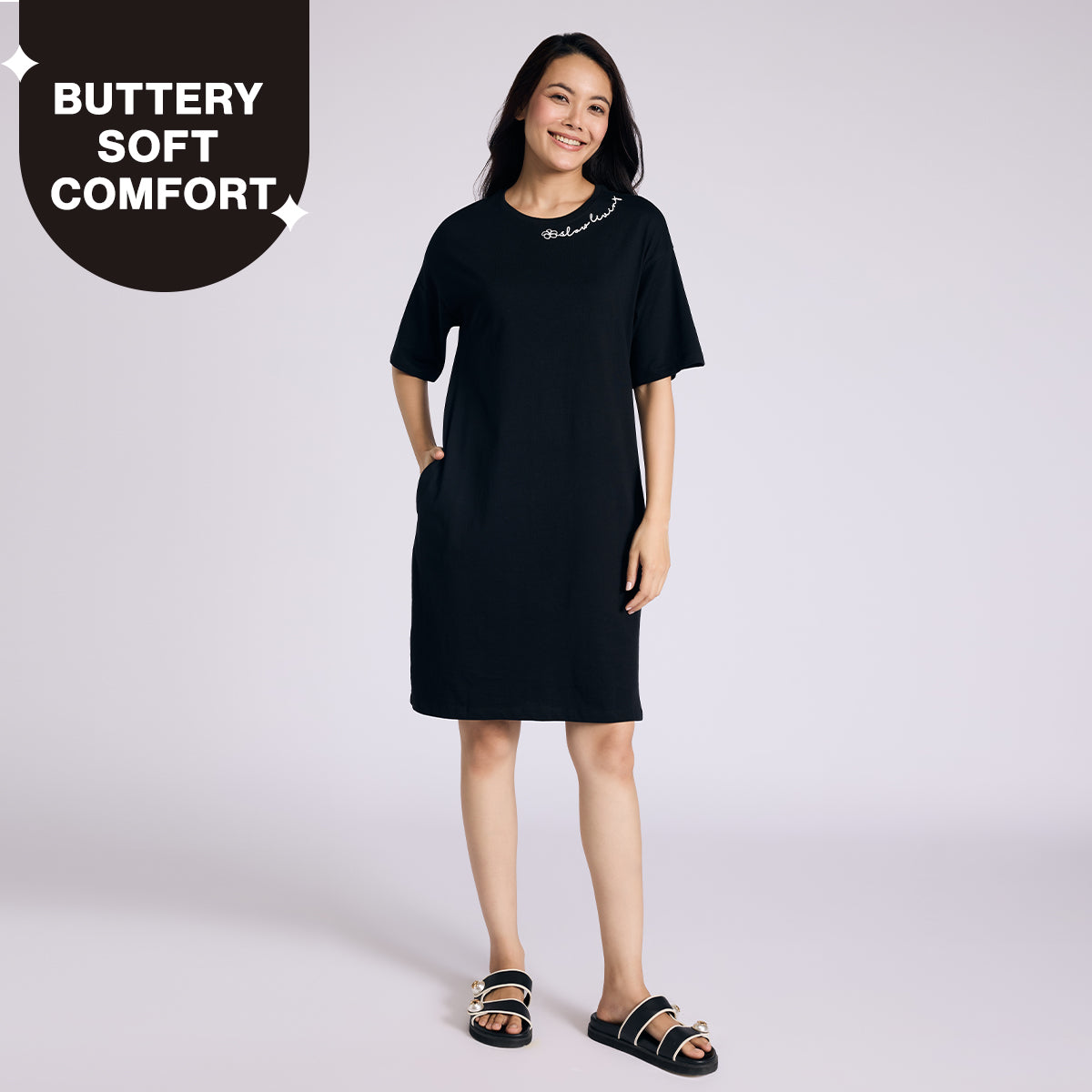 Nykd By Nykaa Breathe Cotton Relaxed Sleep Dress With Pockets Nys944 Black