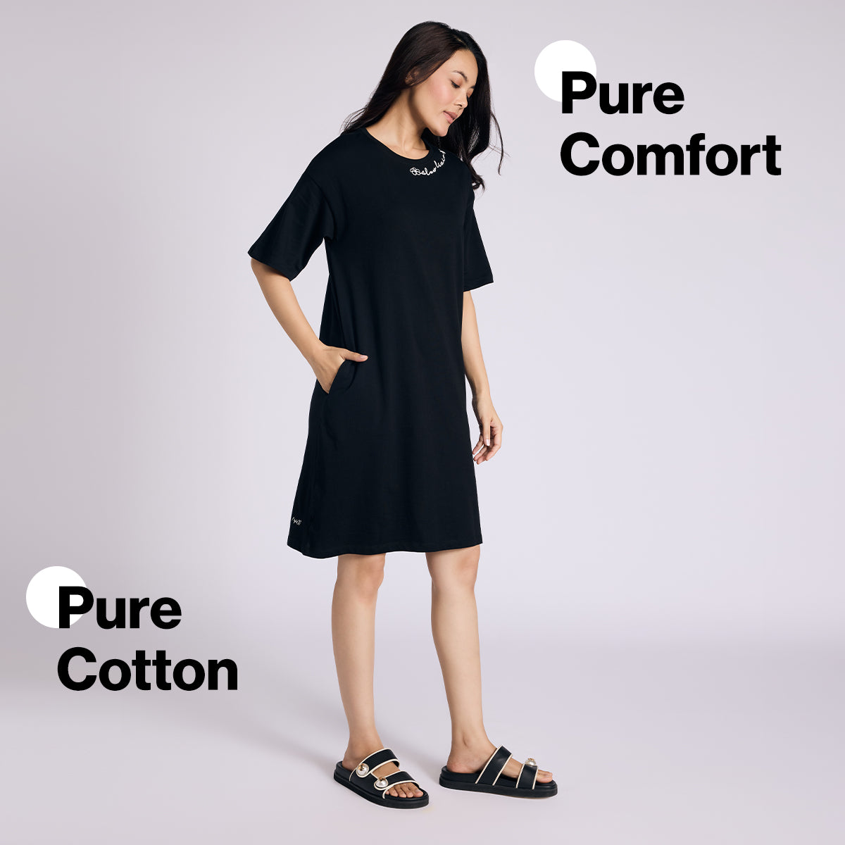 Nykd By Nykaa Breathe Cotton Relaxed Sleep Dress With Pockets Nys944 Black