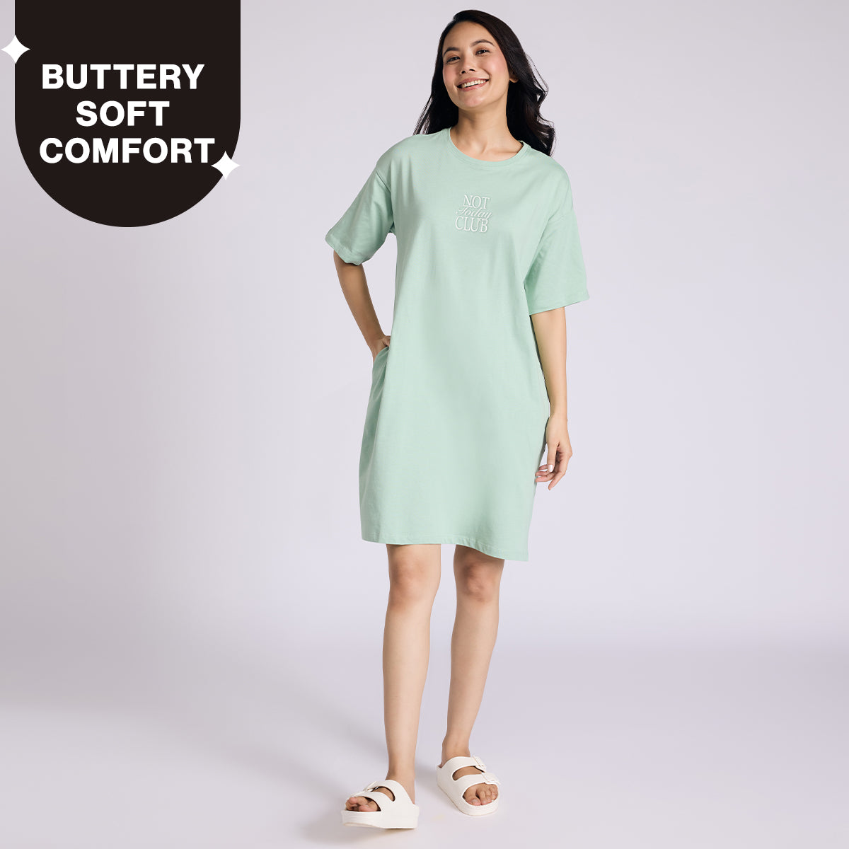 Nykd By Nykaa Breathe Cotton Relaxed Sleep Dress With Pockets Nys944 Green