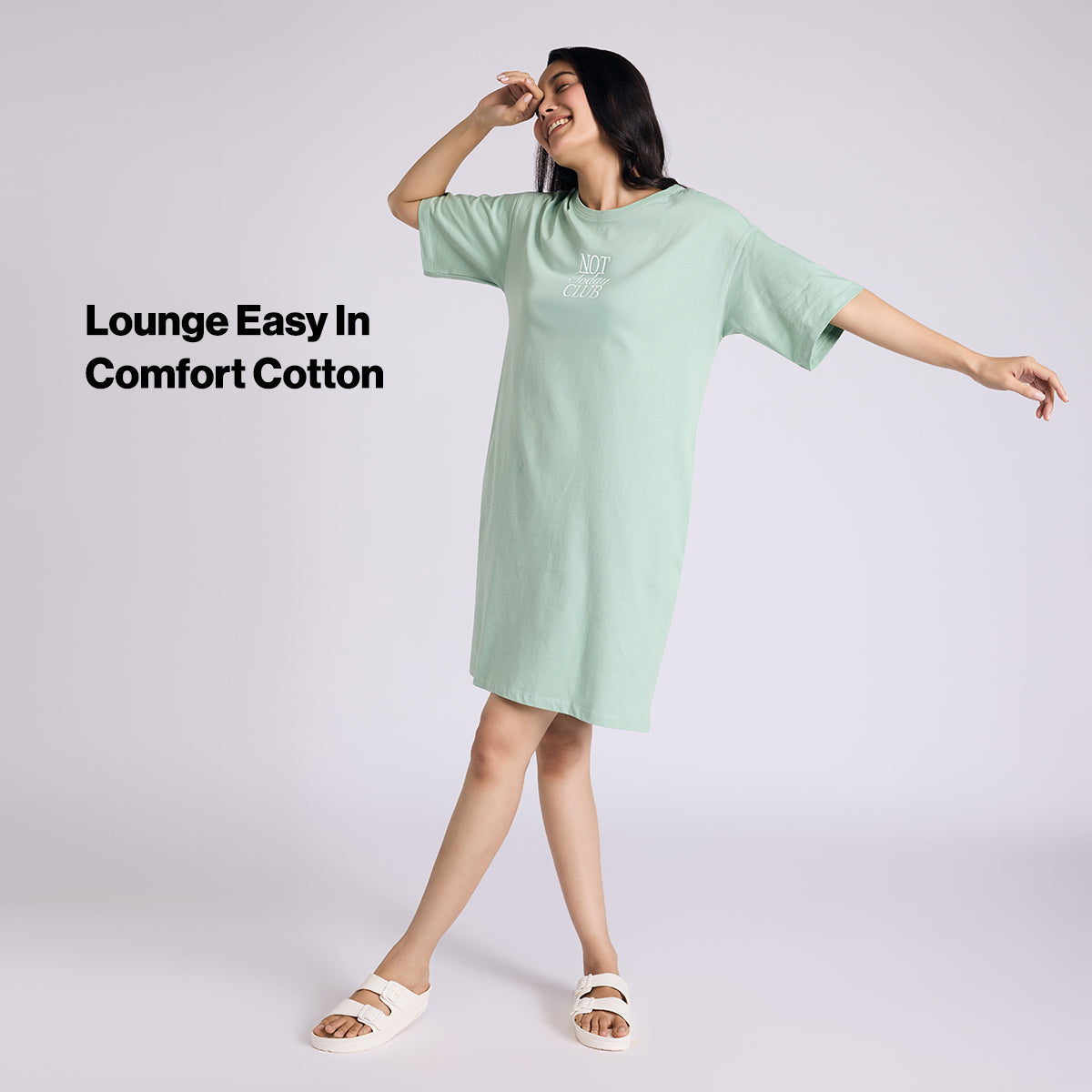 Nykd By Nykaa Breathe Cotton Relaxed Sleep Dress With Pockets Nys944 Green