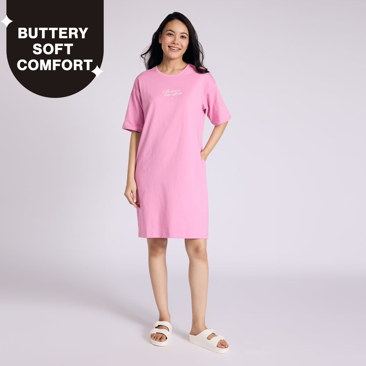 Nykd By Nykaa Breathe Cotton Relaxed Sleep Dress With Pockets Nys944 Pink