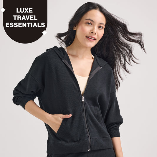 Nykd By Nykaa Luxe Feather Knit Waffle Zip Up Hoodie Jacket - Jet Set Knit collection Nys947-Black