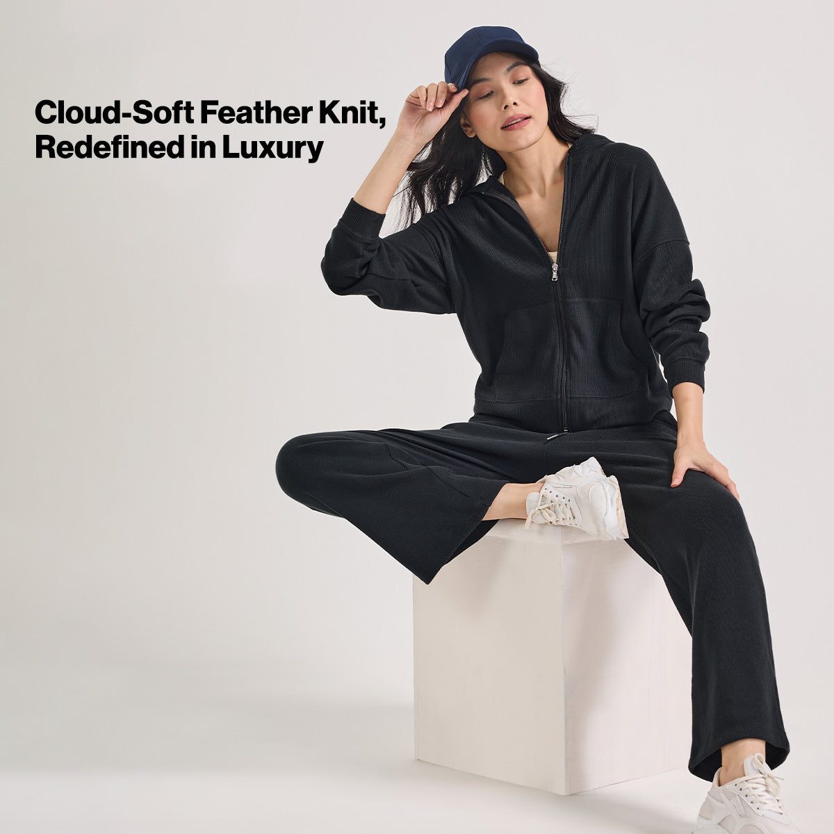 Nykd By Nykaa Luxe Feather Knit Waffle Zip Up Hoodie Jacket - Jet Set Knit collection Nys947-Black
