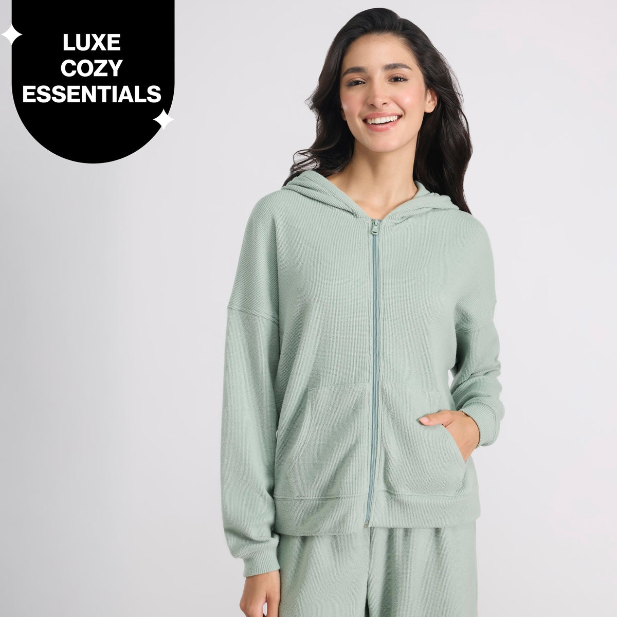 Nykd By Nykaa Luxe Feather Knit Waffle Zip Up Hoodie Jacket-Jet Set Knit collection Nys947-Green