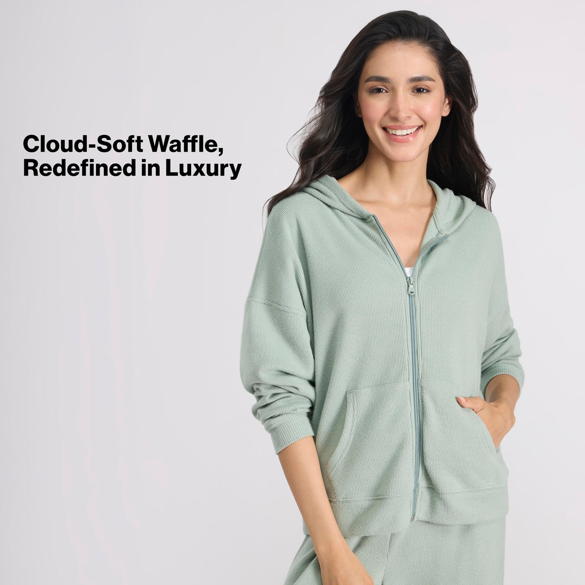 Nykd By Nykaa Luxe Feather Knit Waffle Zip Up Hoodie Jacket-Jet Set Knit collection Nys947-Green