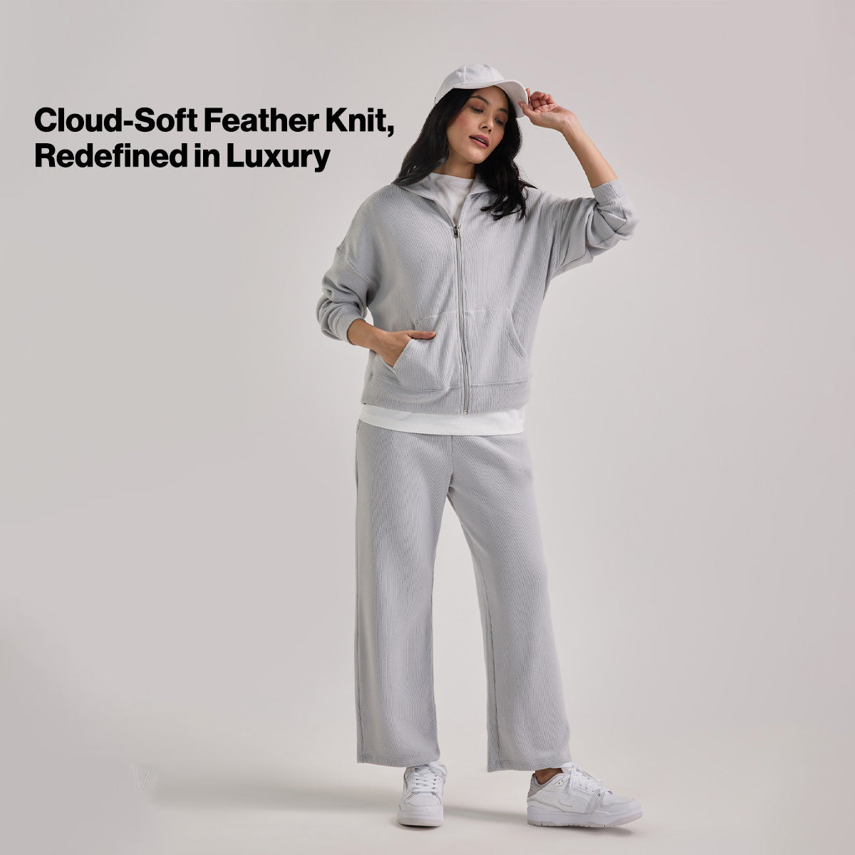 Nykd By Nykaa Luxe Feather Knit Waffle Zip Up Hoodie Jacket - Jet Set Knit collection Nys947-Grey