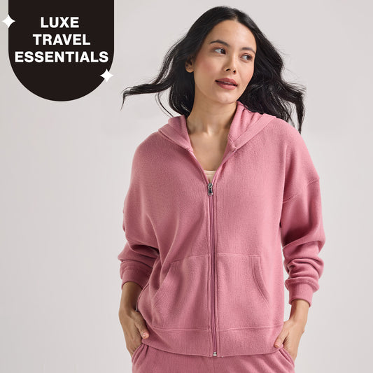 Nykd By Nykaa Luxe Feather Knit Waffle Zip Up Hoodie Jacket-Jet Set Knit collection Nys947-Pink