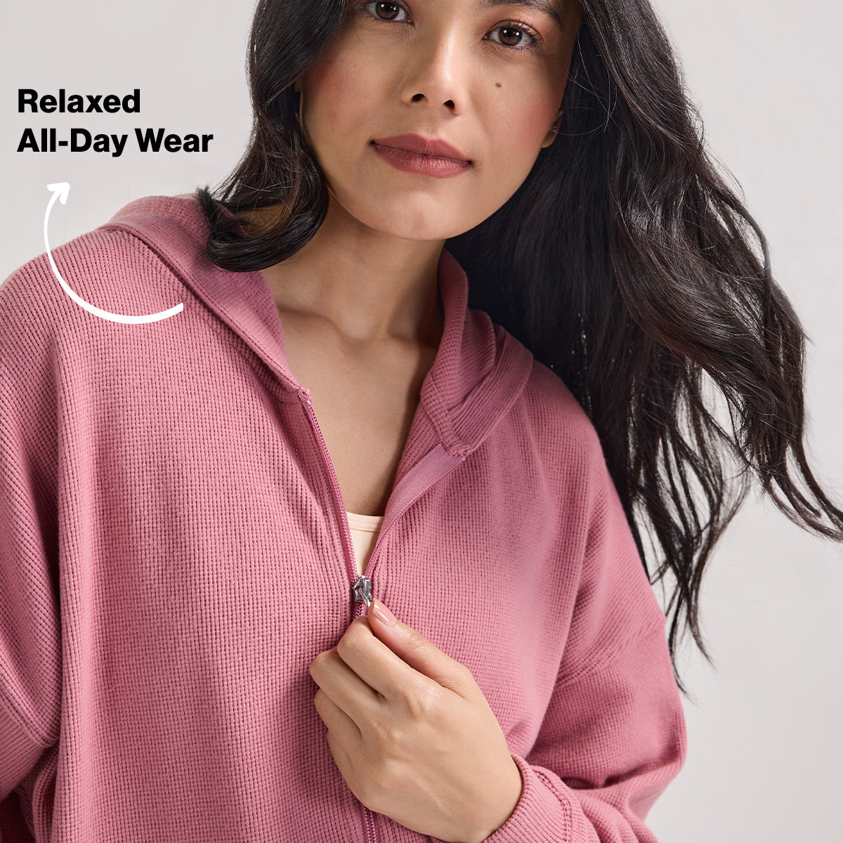 Nykd By Nykaa Luxe Feather Knit Waffle Zip Up Hoodie Jacket-Jet Set Knit collection Nys947-Pink