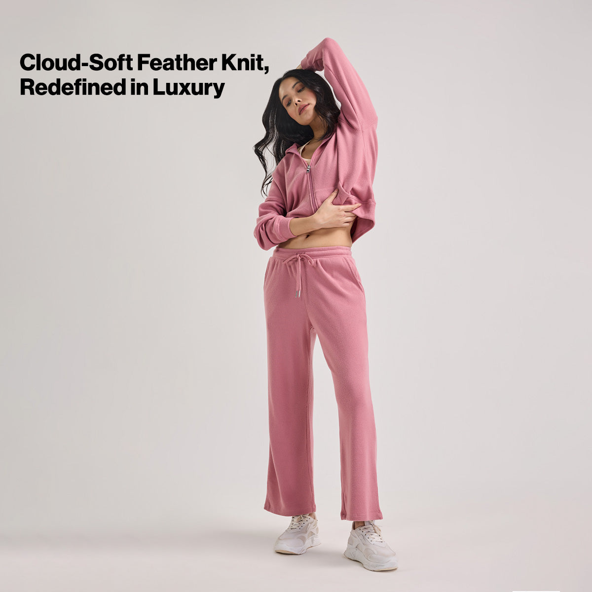 Nykd By Nykaa Luxe Feather Knit Waffle Zip Up Hoodie Jacket-Jet Set Knit collection Nys947-Pink