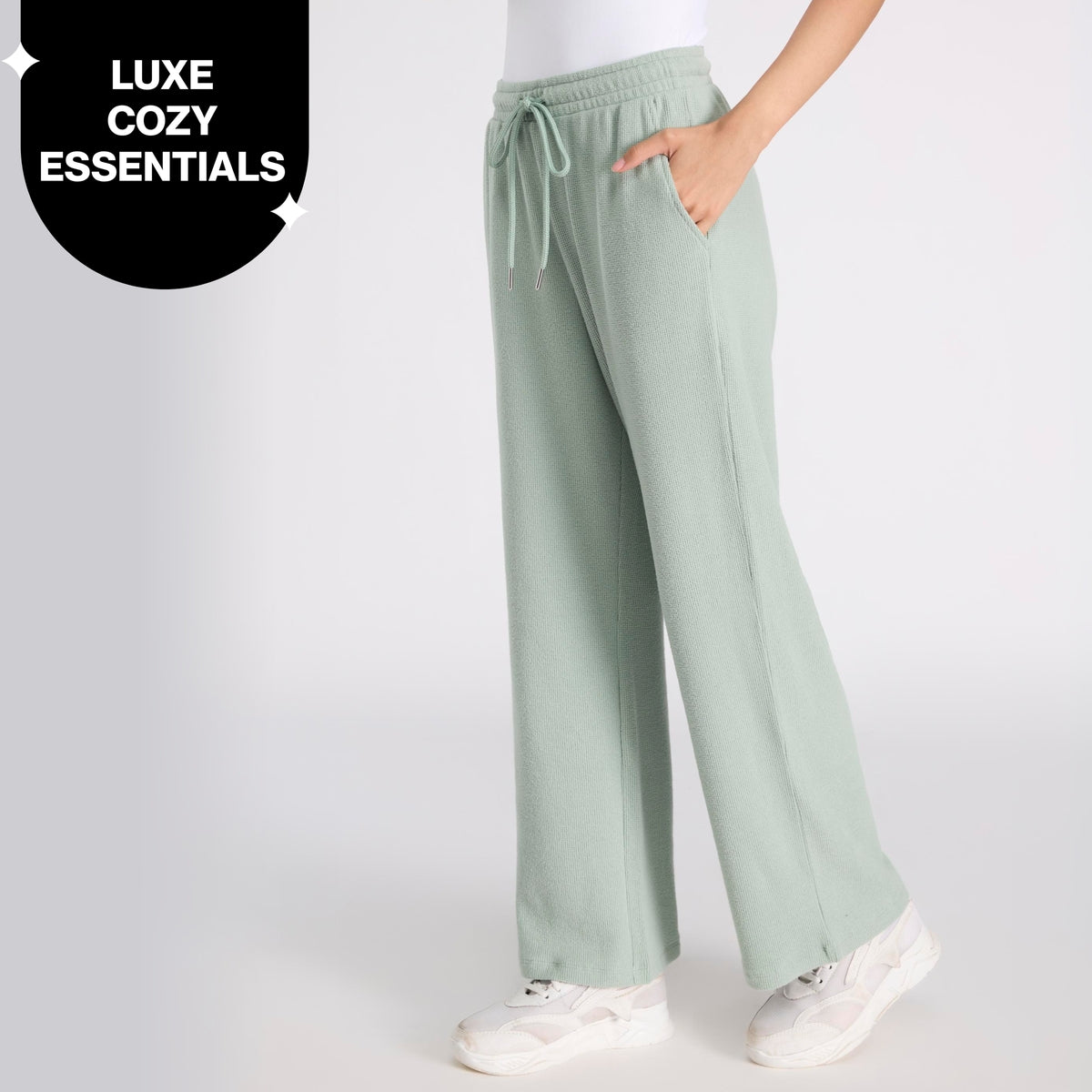 Nykd By Nykaa Luxe Feather Knit Waffle Wide Pants-Jet Set Knit collection Nys948-Green