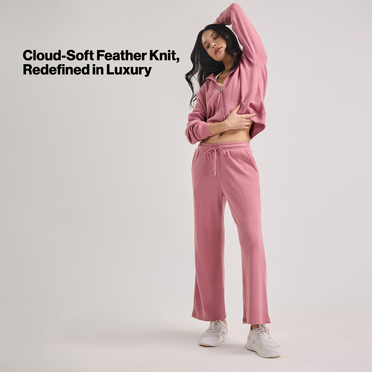 Nykd By Nykaa Luxe Feather Knit Waffle Wide Pants - Jet Set Knit collection Nys948-Pink