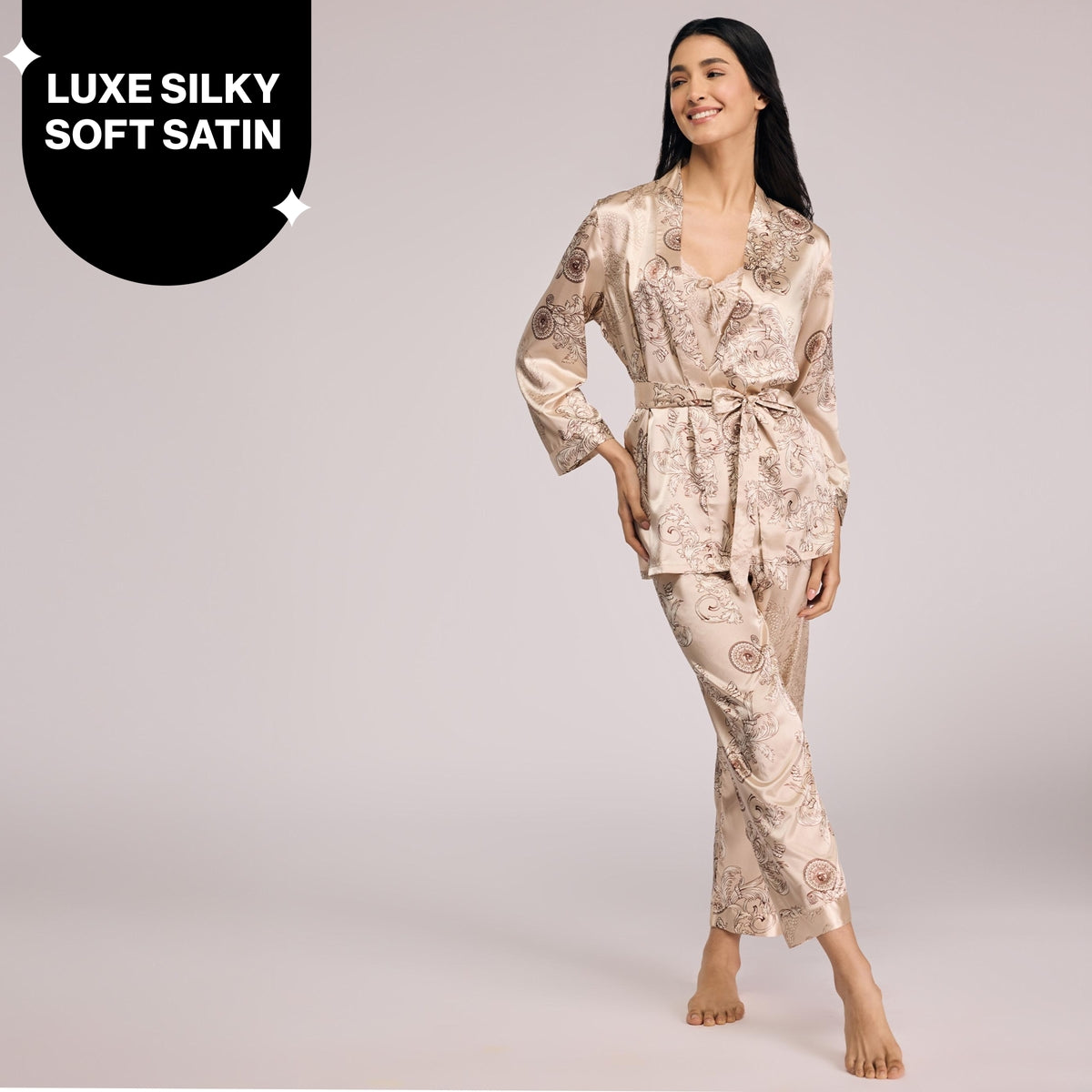 Nykd By Nykaa Luxe Satin Cami Top, Pyjama & Belted Robe Set Of 3 NYS959 Beige