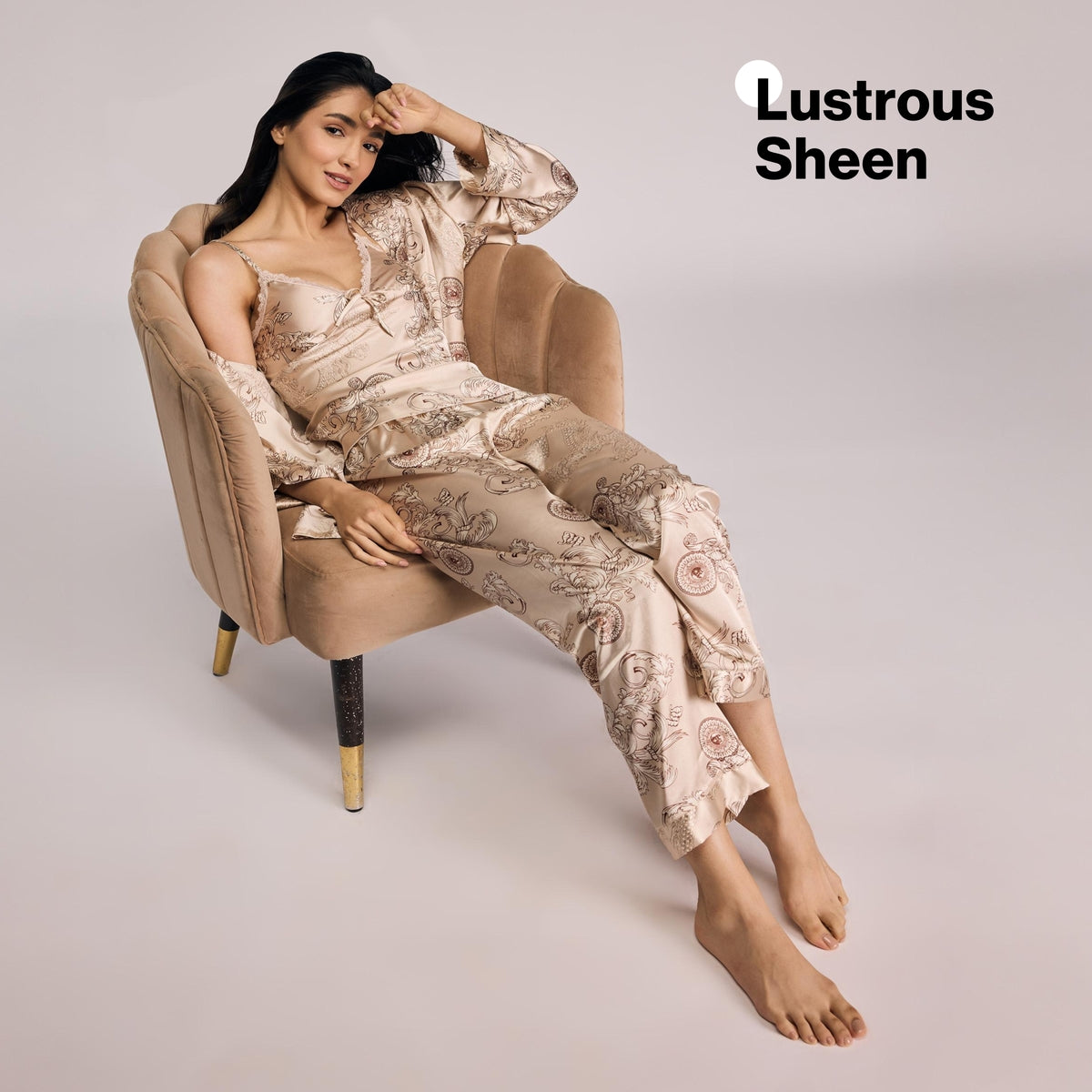 Nykd By Nykaa Luxe Satin Cami Top, Pyjama & Belted Robe Set Of 3 NYS959 Beige