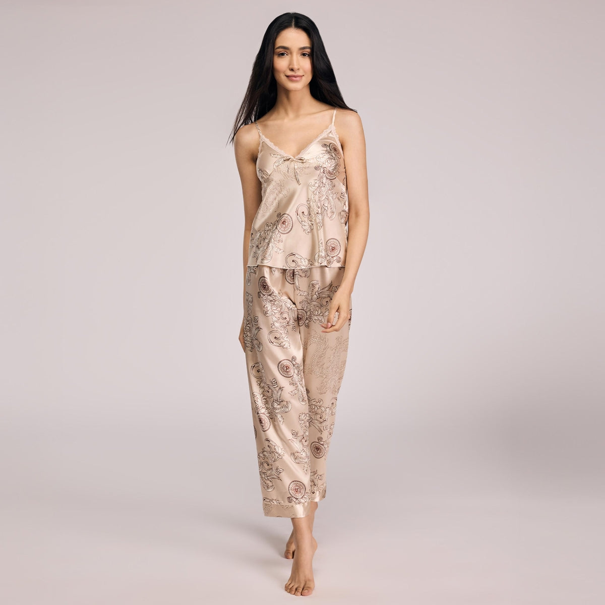 Nykd By Nykaa Luxe Satin Cami Top, Pyjama & Belted Robe Set Of 3 NYS959 Beige