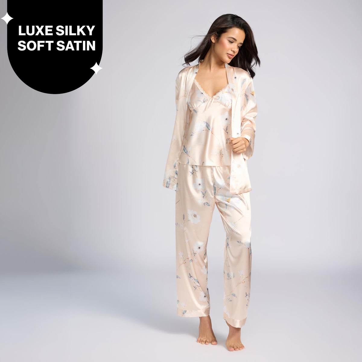 Nykd By Nykaa Luxe Printed Satin Cami Top, Pyjama & Belted Robe Set Of 3 Nys959 Blush Floral